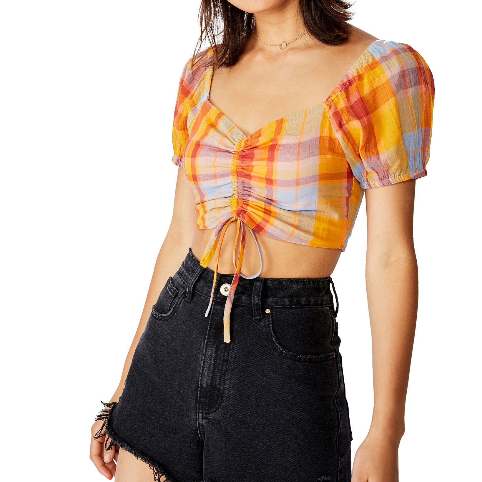 COTTON ON Women Summer Prairie Chopped Short Sleeve Top Kirsten Check Bright Gold