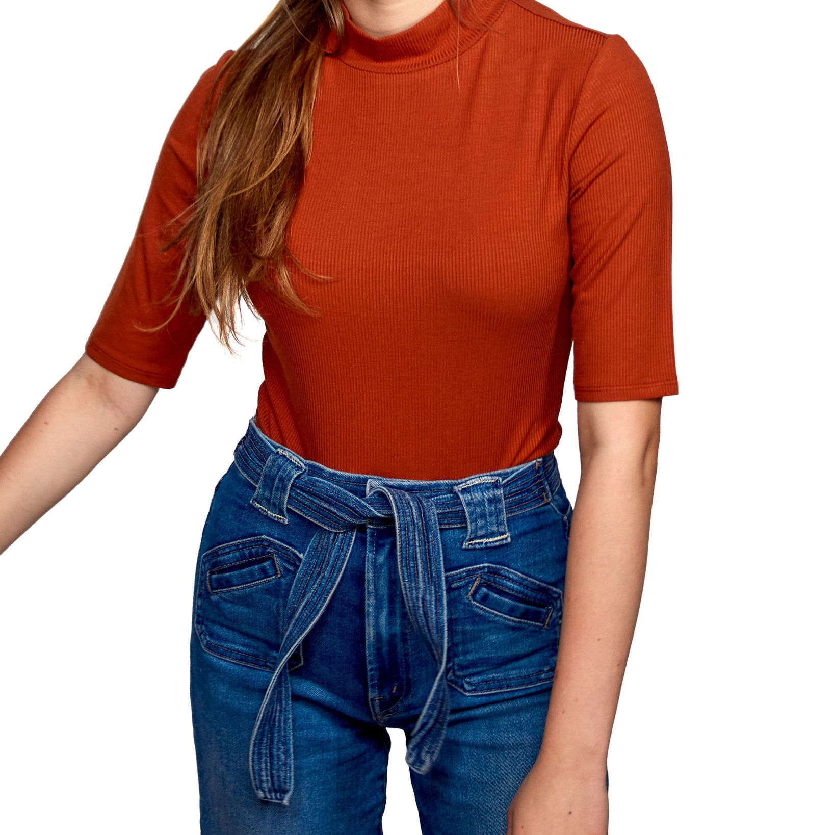 Self Esteem Women Rib Knit Mock Neck Bodysuit Deep Rose