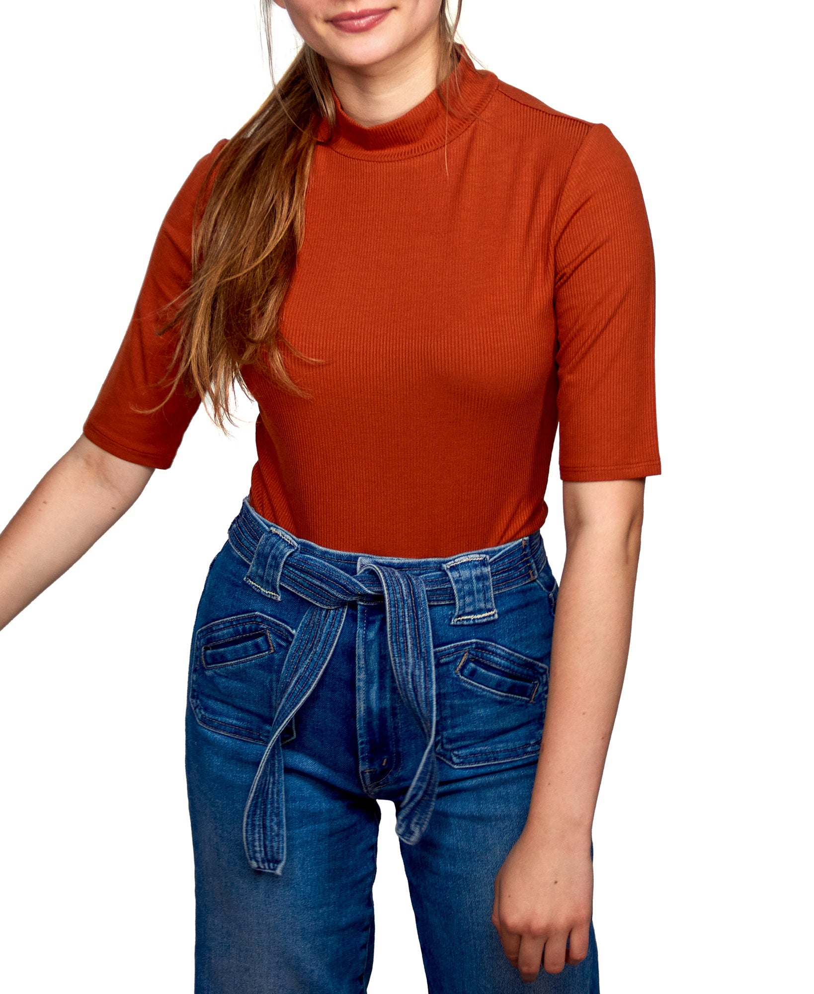Self Esteem Women Rib Knit Mock Neck Bodysuit Deep Rose