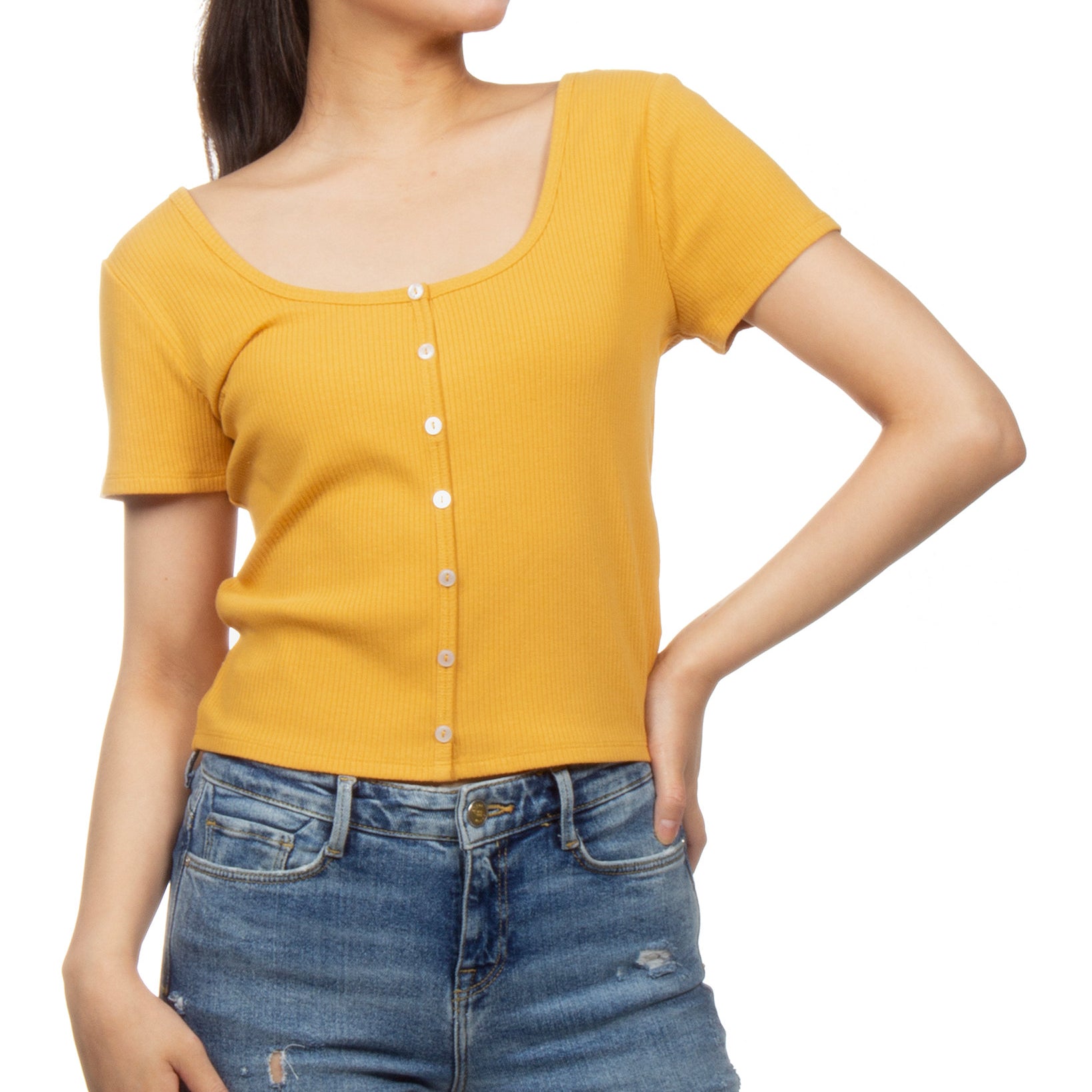 Hippie Rose Women Button Front Crop Top Golden Glow