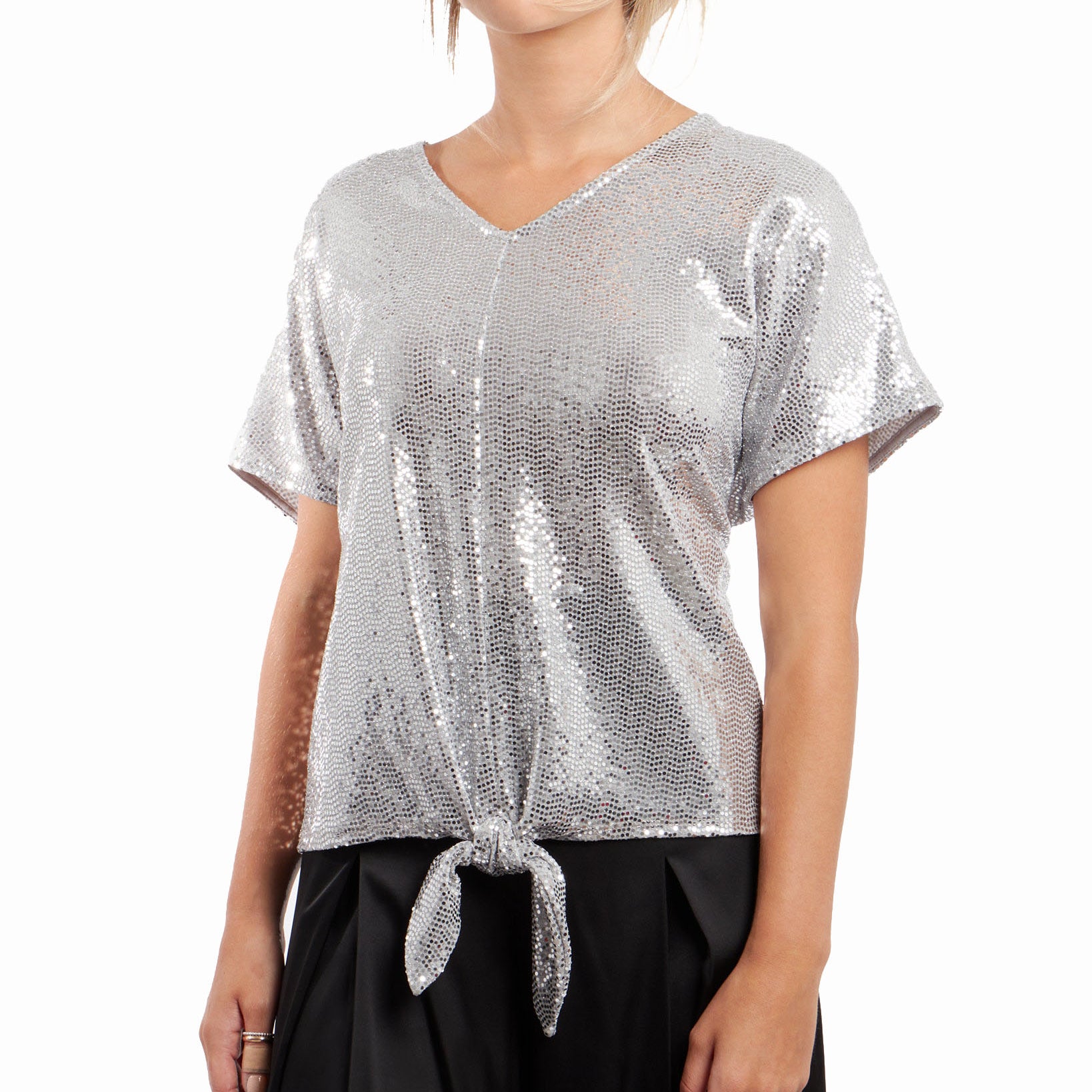 MSK Women Allover Sequin Tie Front Top SIlver
