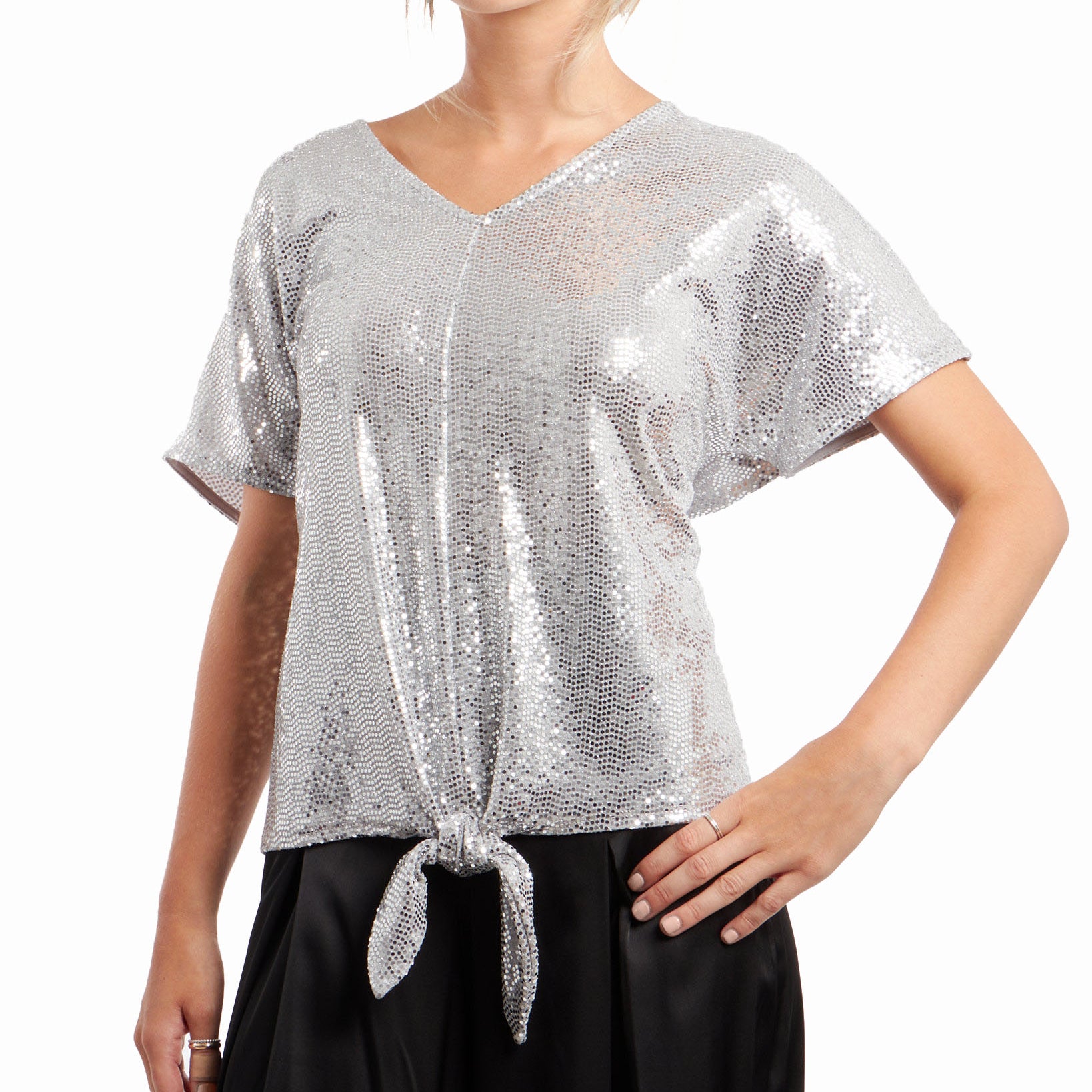 MSK Women Allover Sequin Tie Front Top