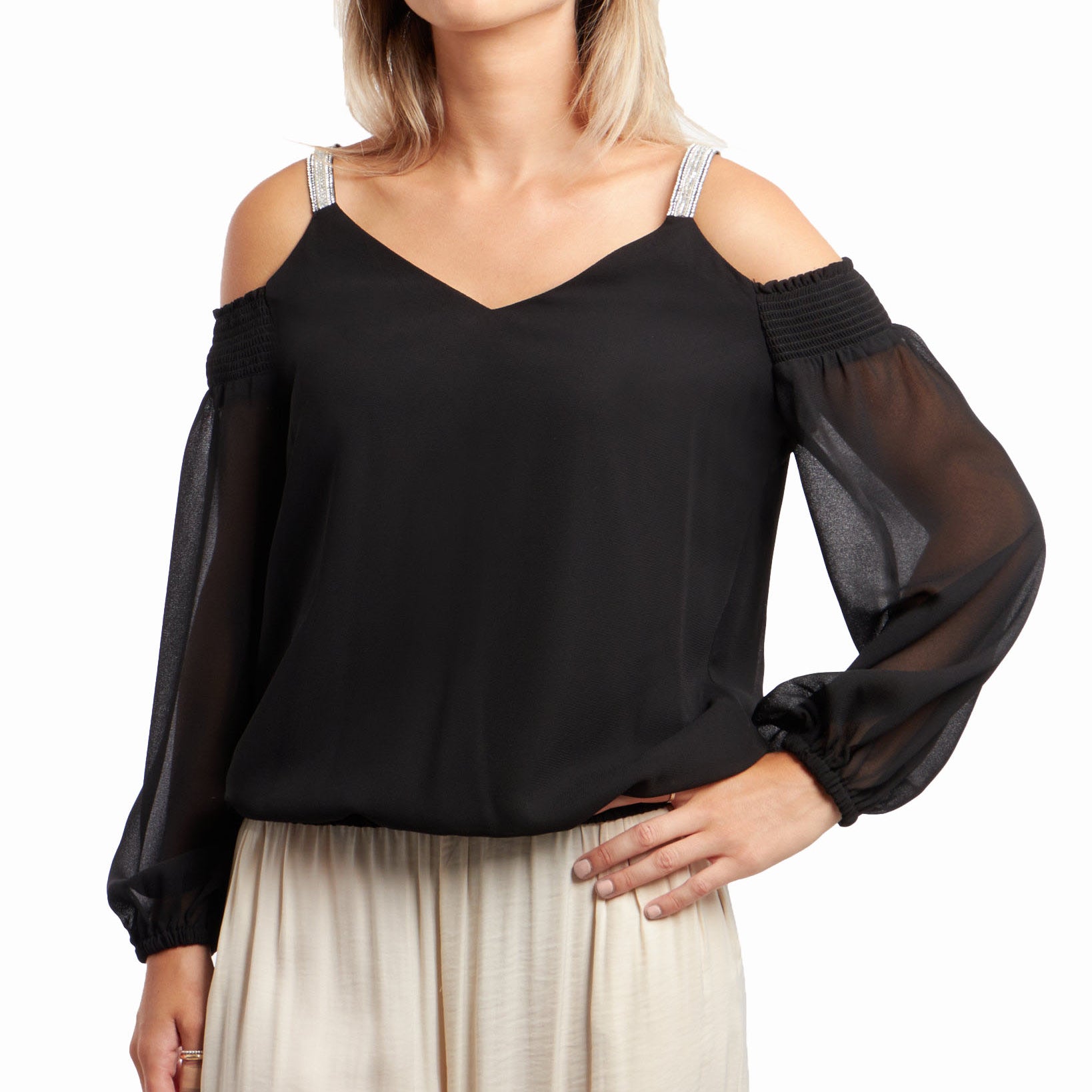 MSK Women Cold Shoulder Bubble Top Black