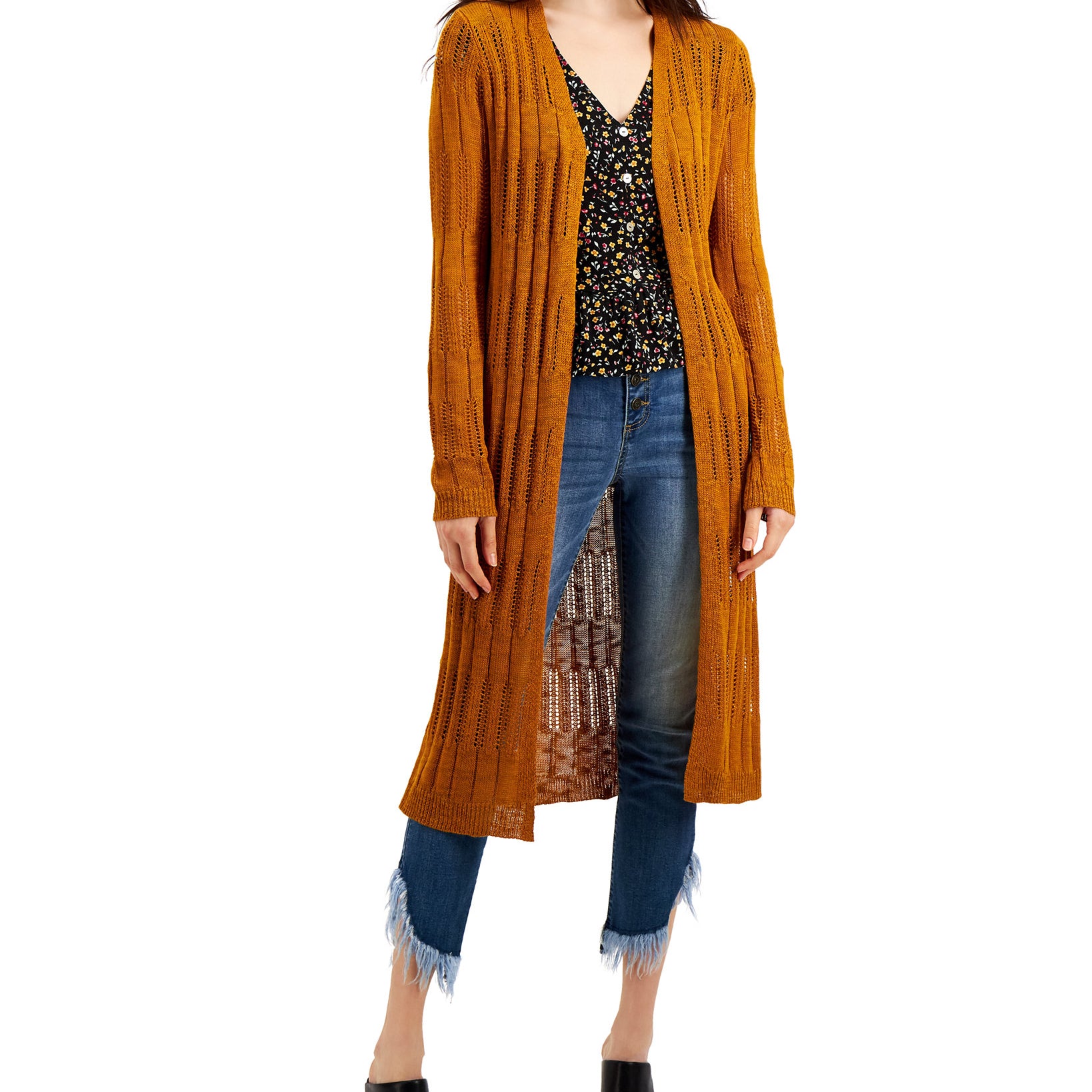 Freshman Women Pointelle Duster Cardigan Pumpkin Spice