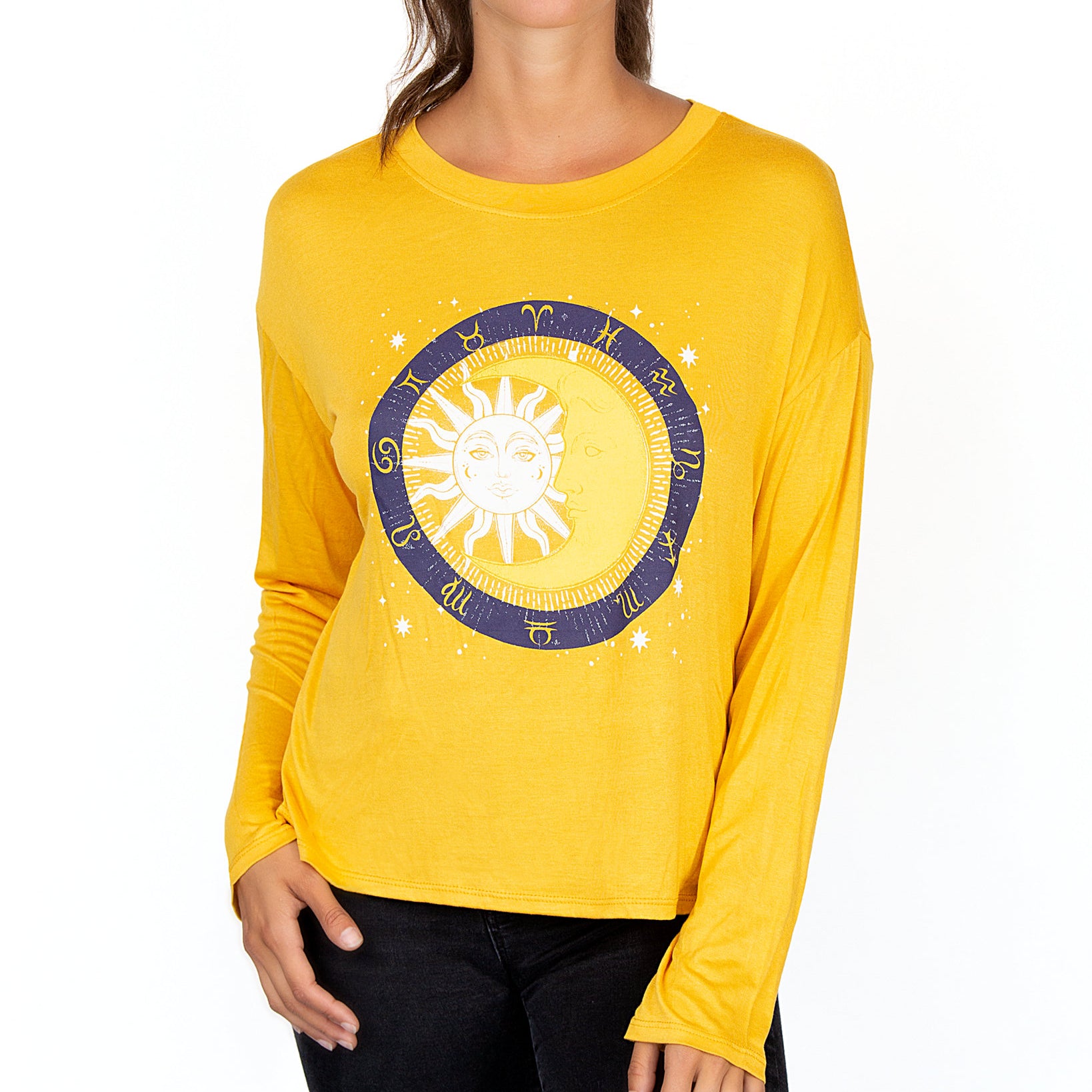 Rebellious One Women Moon Graphic Top Sun Flower