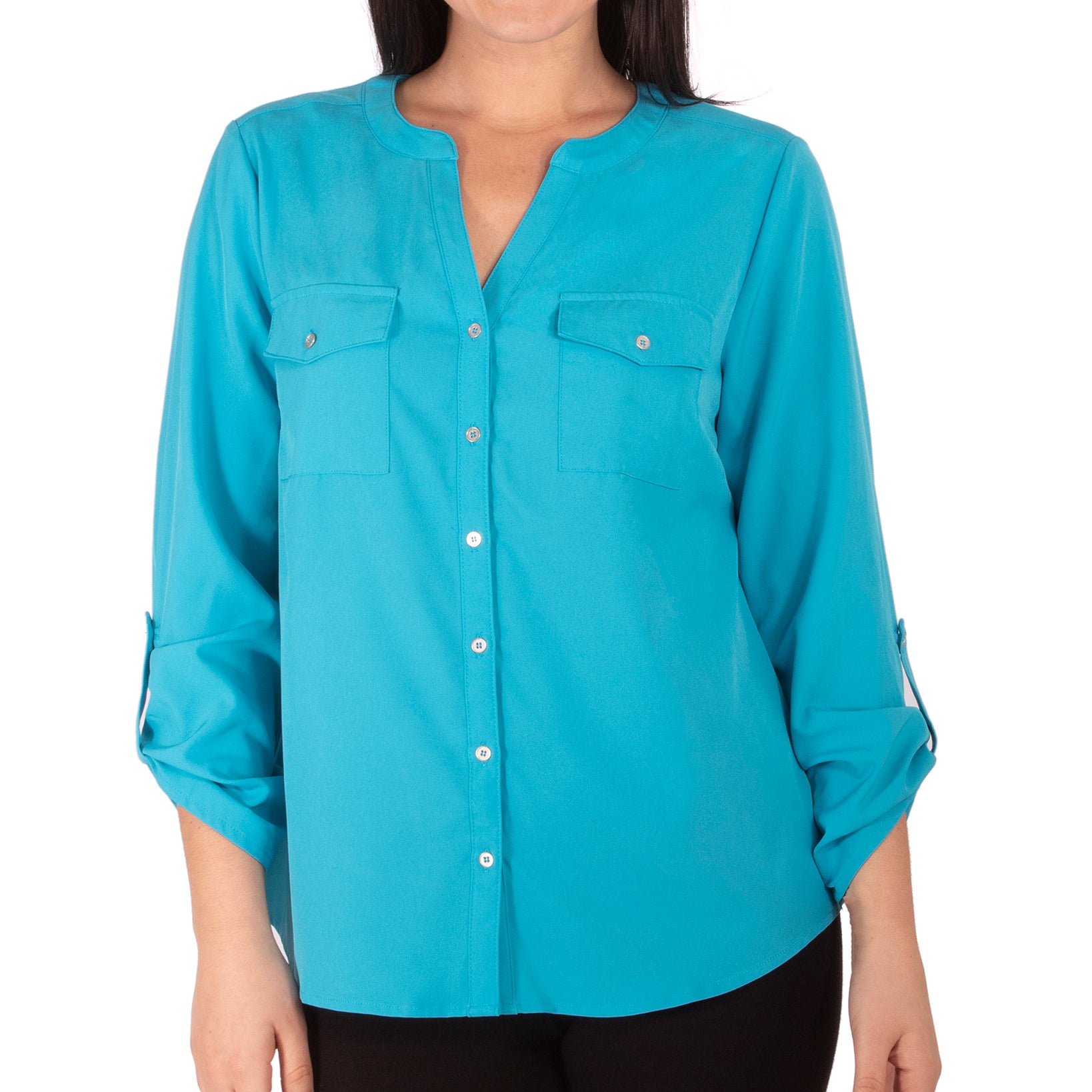 NY Collection Women Petite Roll Sleeve Blouse Blue