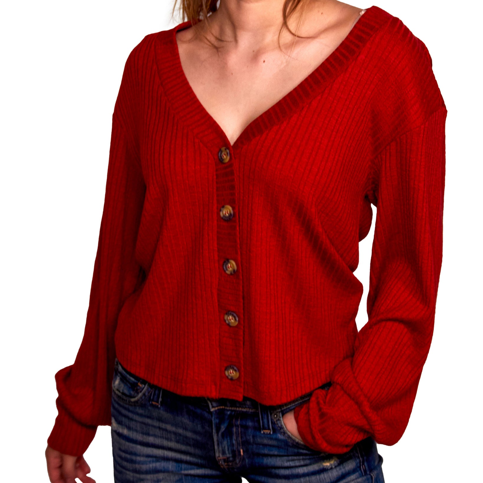 Self Esteem Women Rib Knit Cardigan Top Tandoori