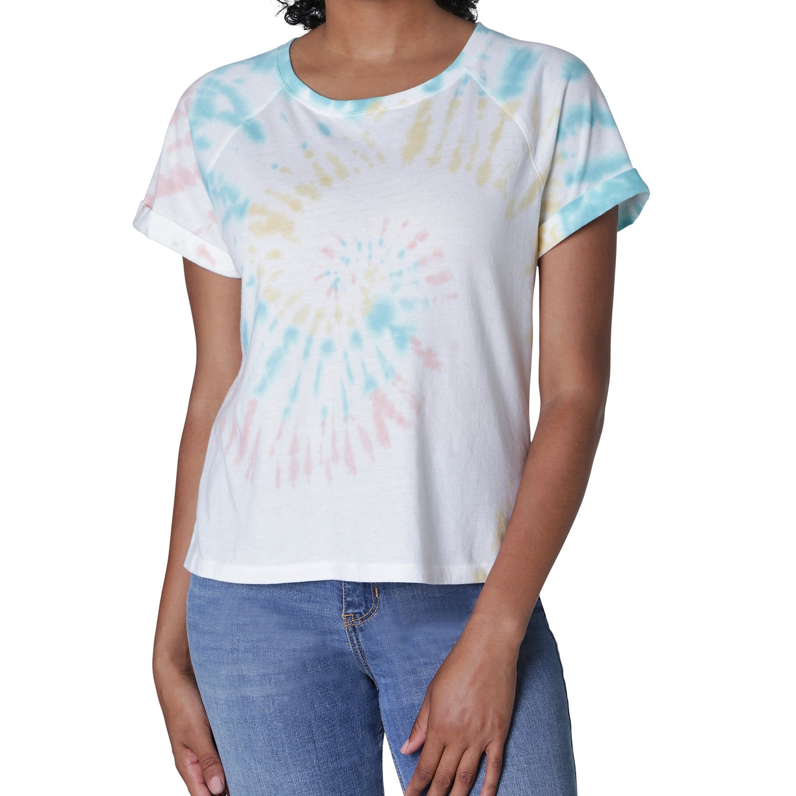 Ultra Flirt Women Tie Dye T Shirt Teal Yellow Swirl