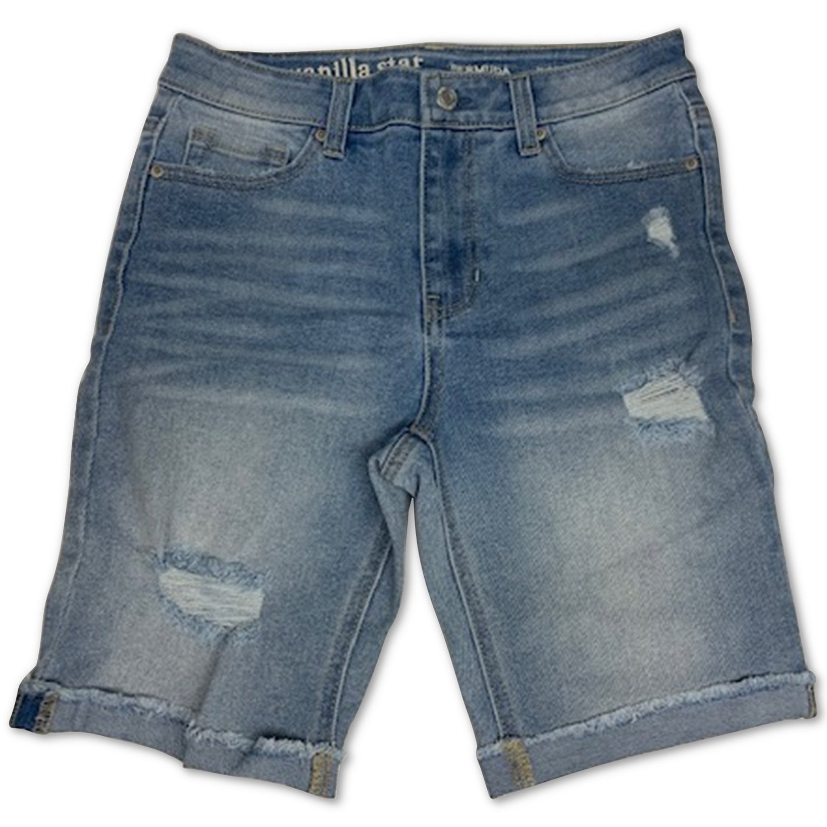 Vanilla Star Women High Rise Distressed Cotton Denim Bermuda Shorts Blue