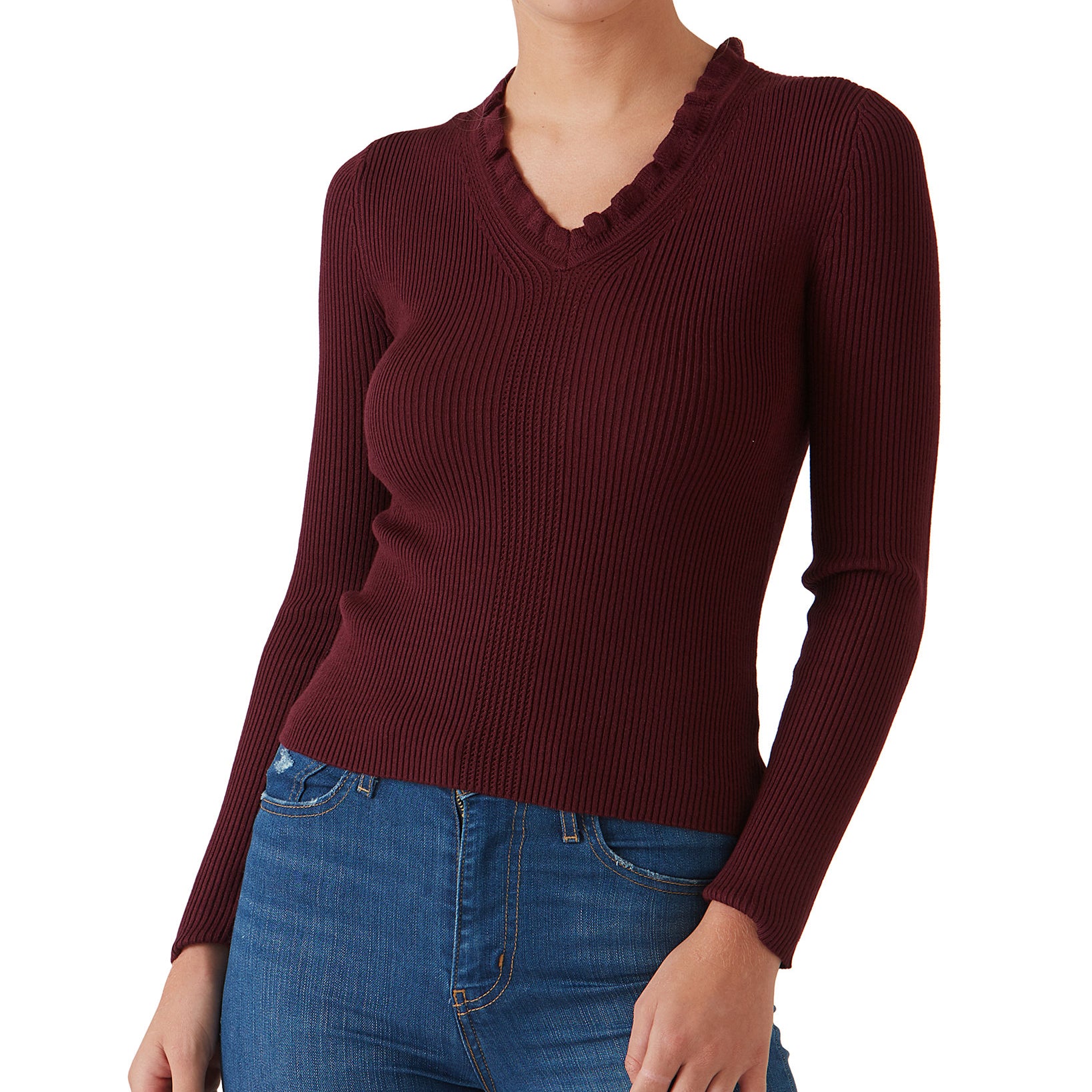 Hooked Up by IOT Women Ruffled V Neck Sweater Wine
