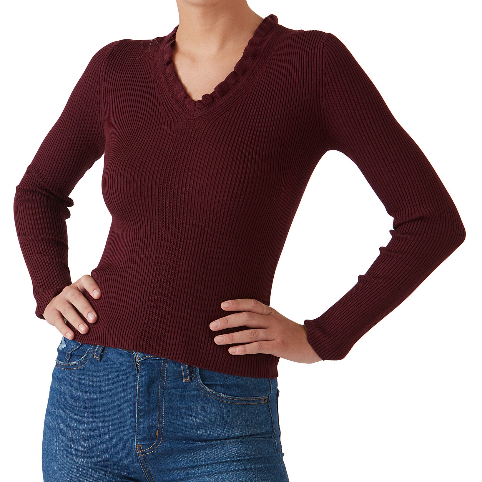 Hooked Up by IOT Women Ruffled V Neck Sweater
