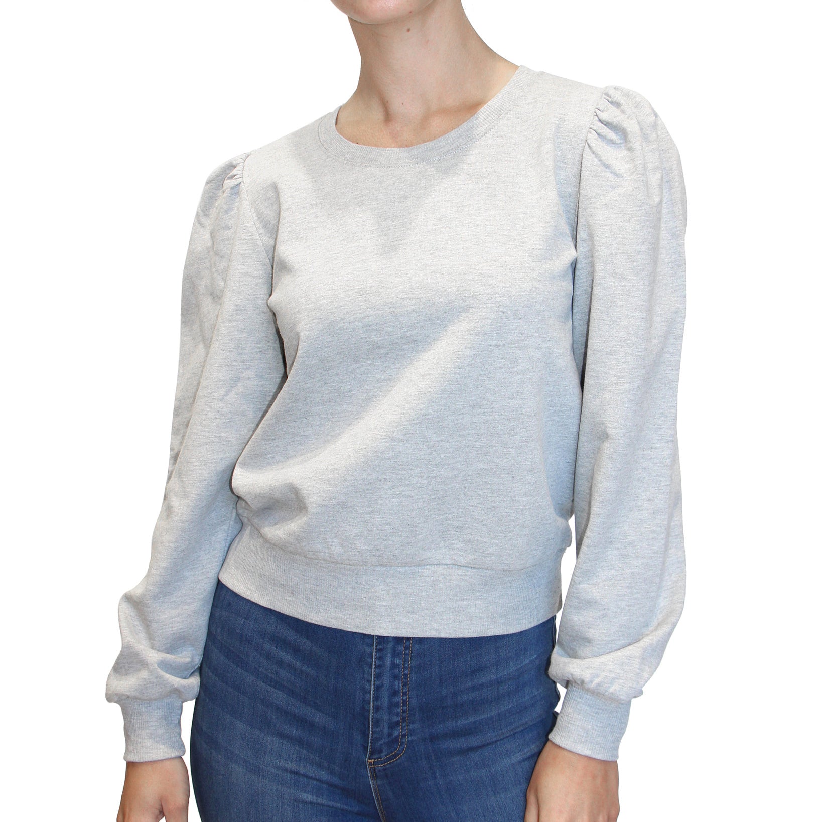 Crave Fame Women Puff Shoulder Sweatshirt Light Heather Grey
