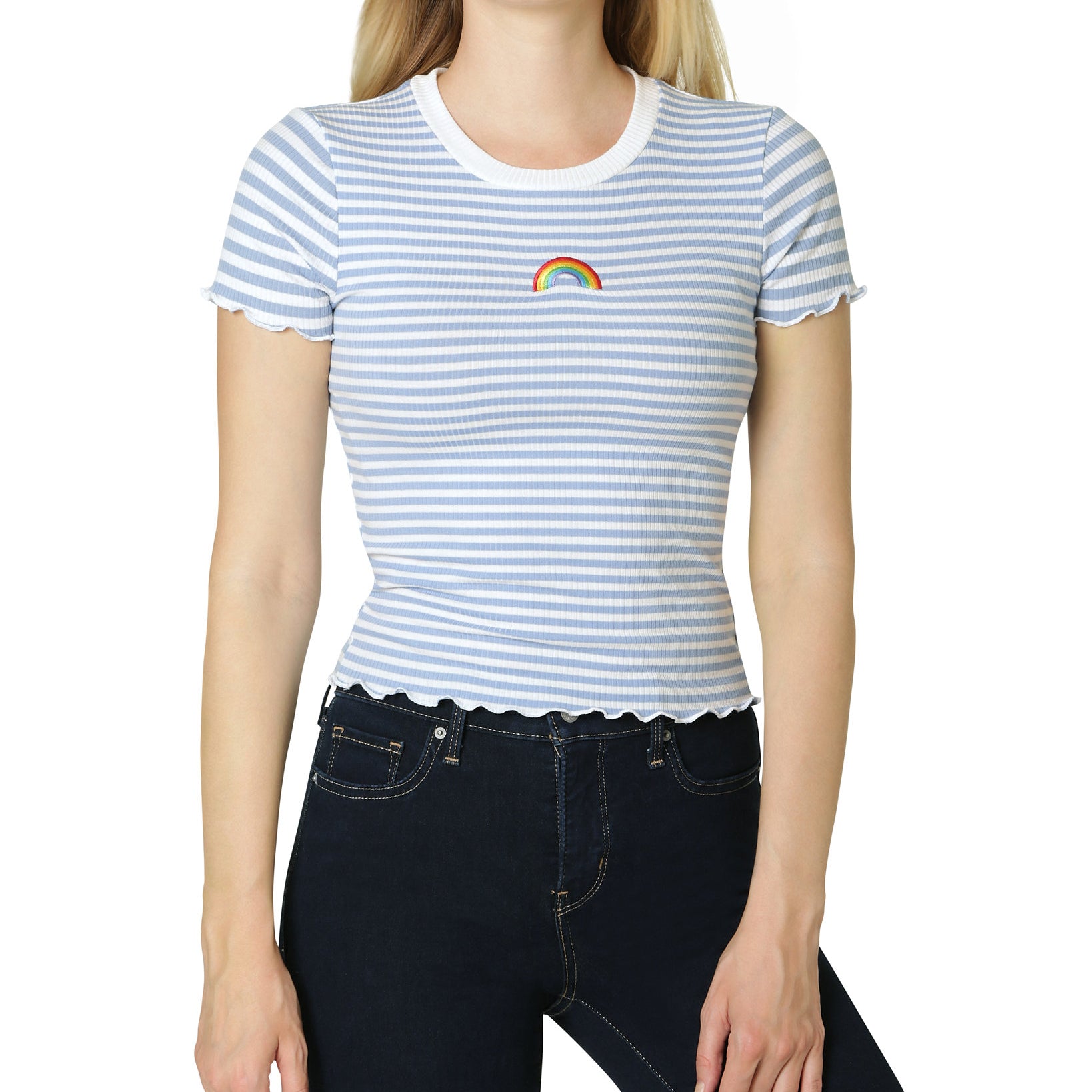 Polly & Esther Women Embroidery Trim Lettuce Edge T Shirt Denim White