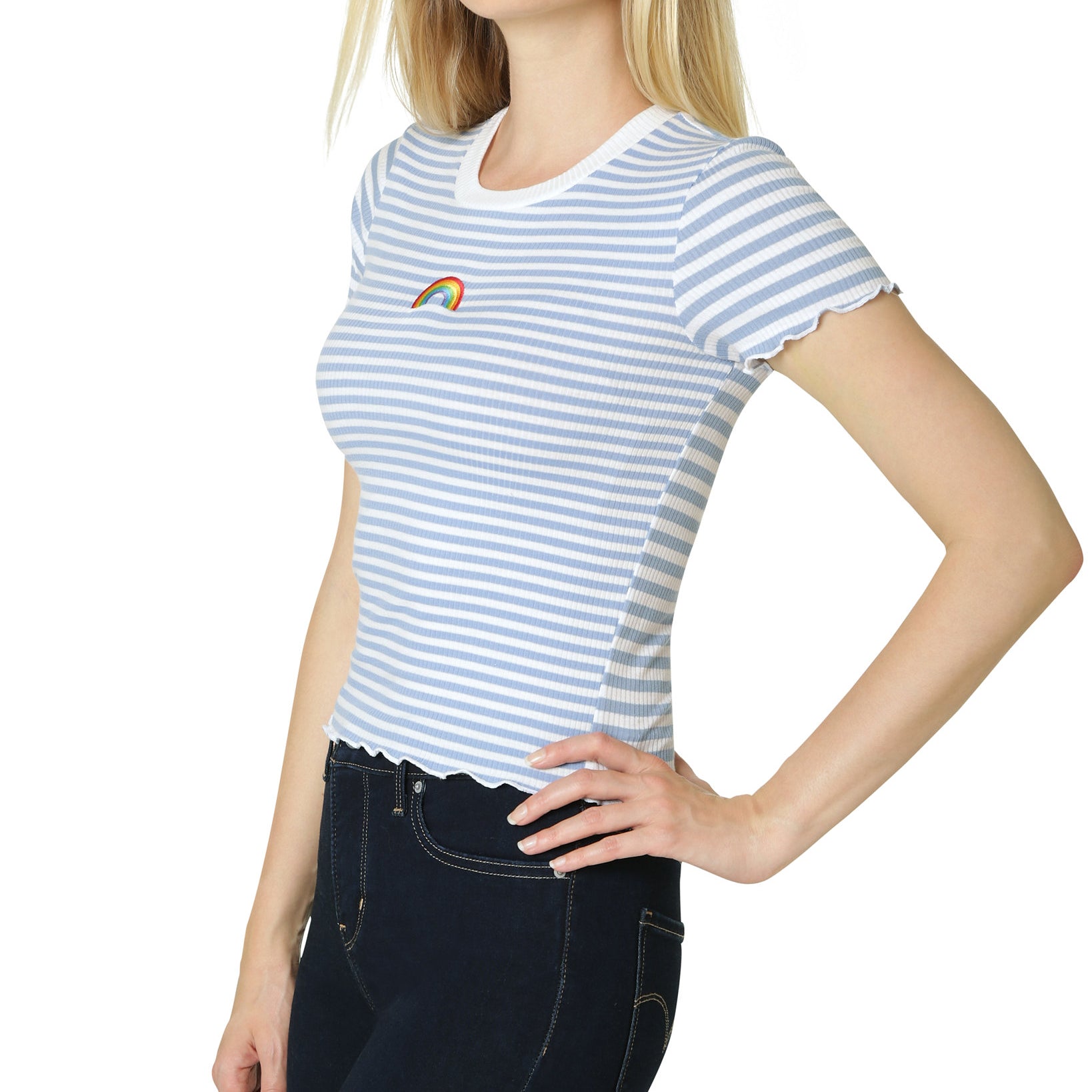 Polly & Esther Women Embroidery Trim Lettuce Edge T Shirt