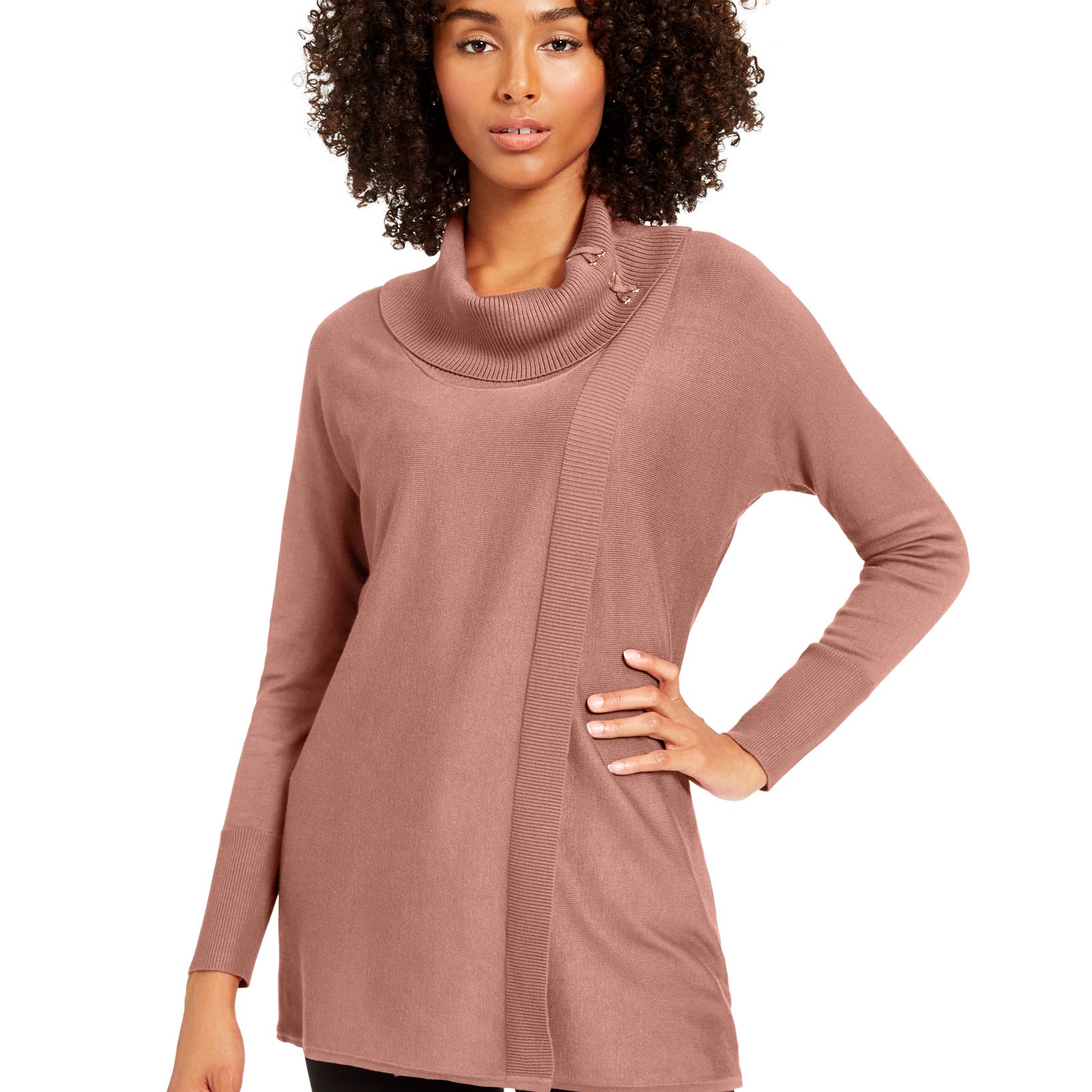 JM Collection Women Faux Wrap Cowl Neck Sweater Sunset Rose