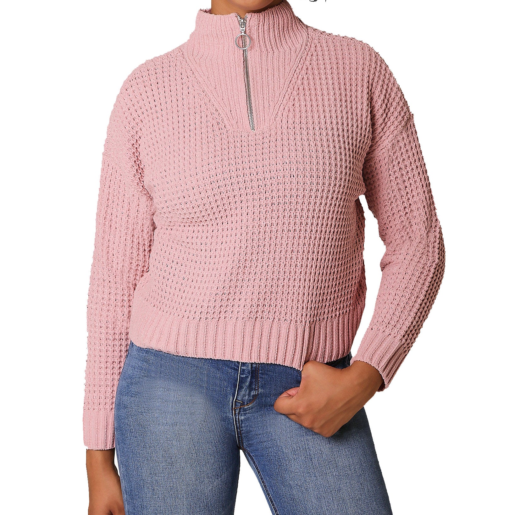Ultra Flirt Women Chenille Zip Neck Sweater Blush