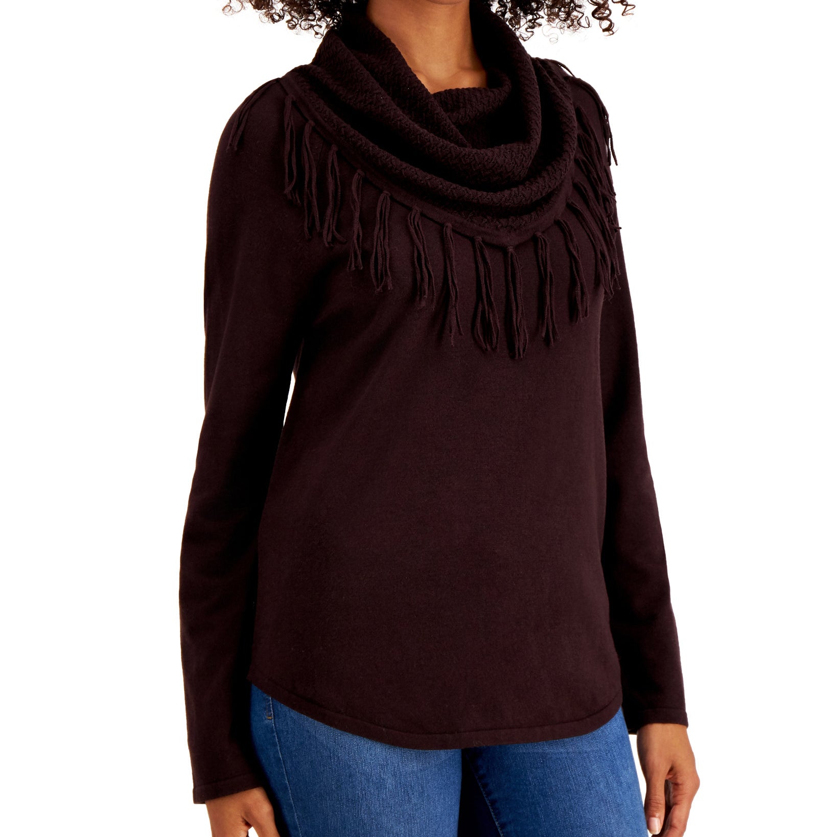 Style & Co Women Fringe Cowl Neck Sweater Dark Chocolate