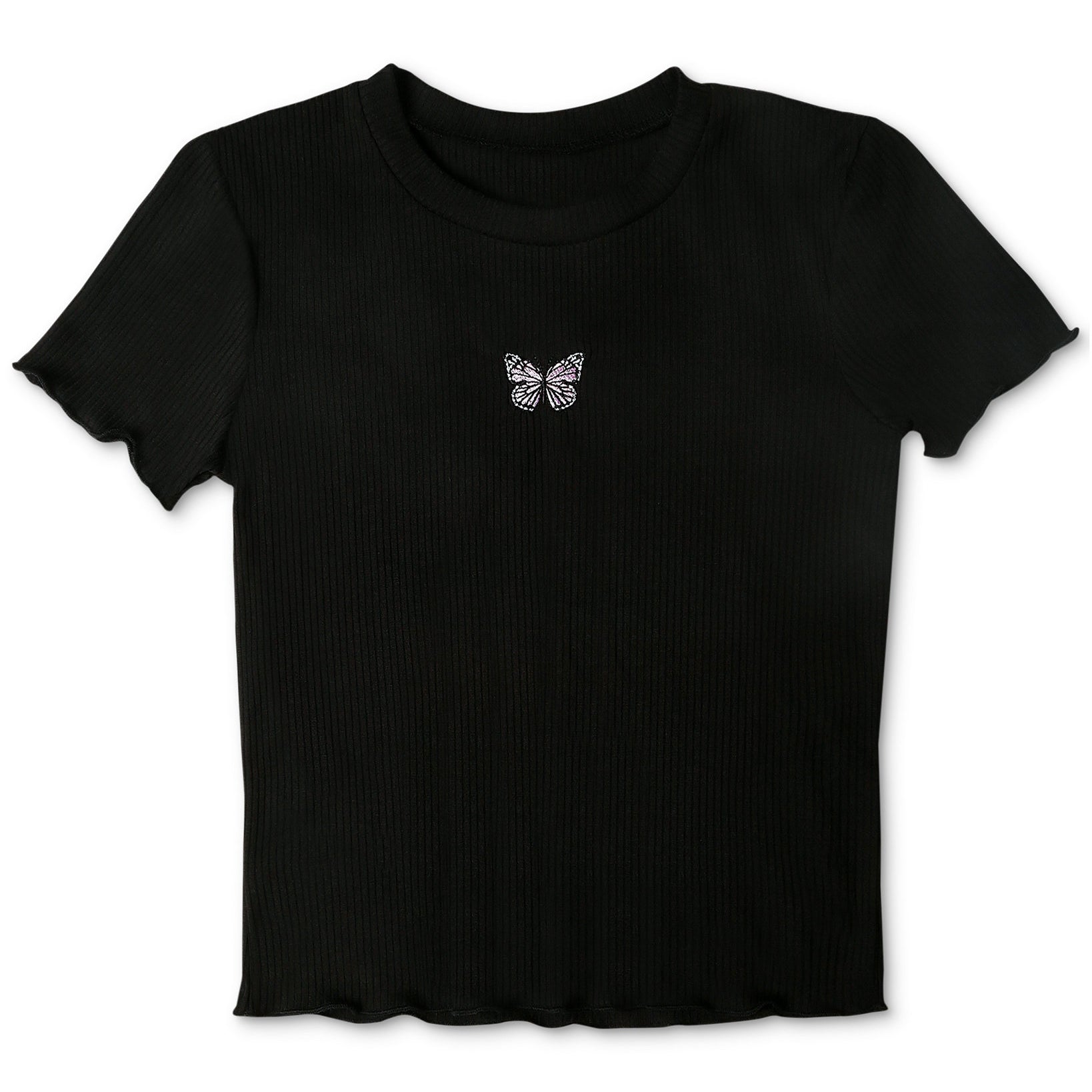 Polly & Esther Women Embroidery Trim Lettuce Edge T Shirt Black