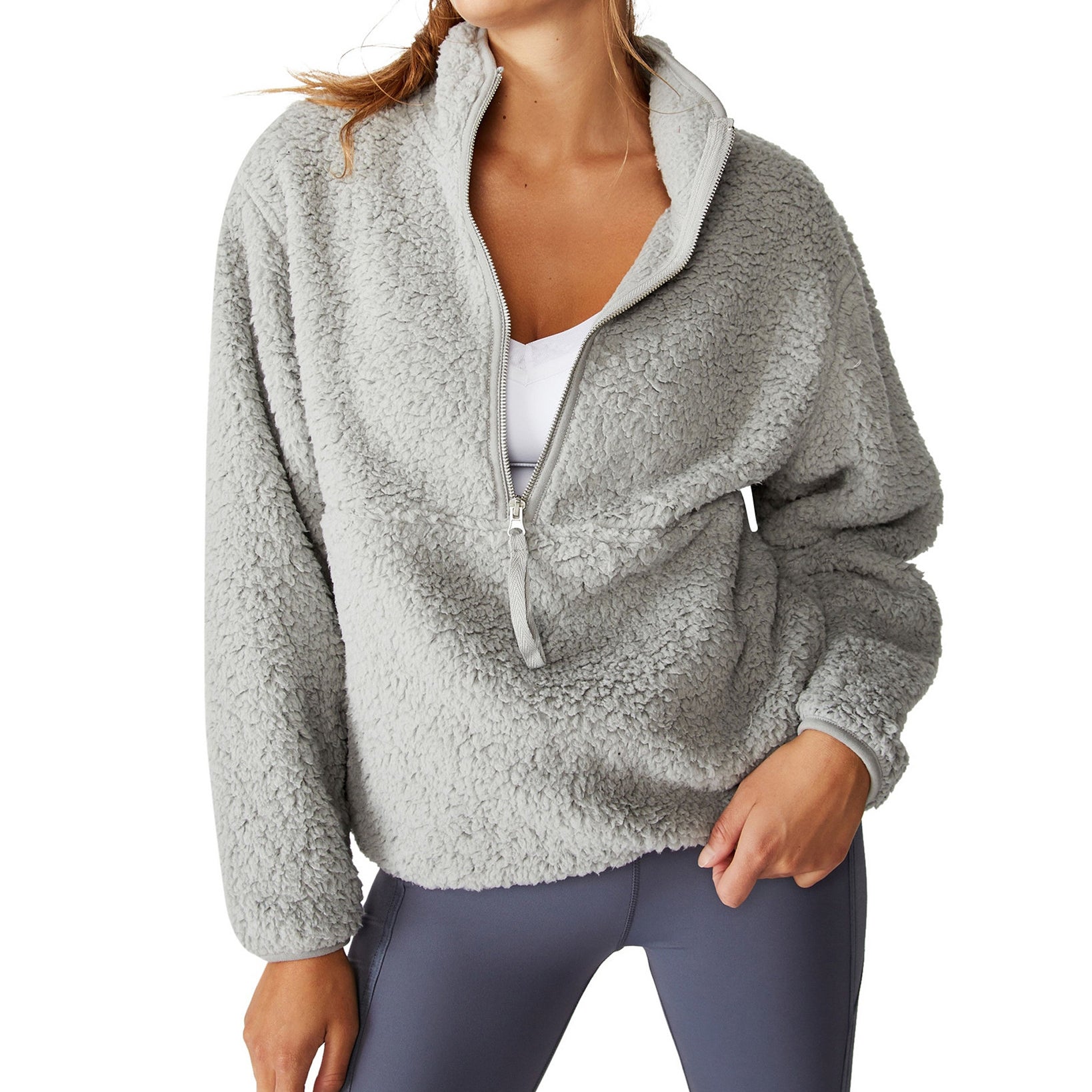 COTTON ON Women Sherpa Zip Fleece Sweatshirt Grey