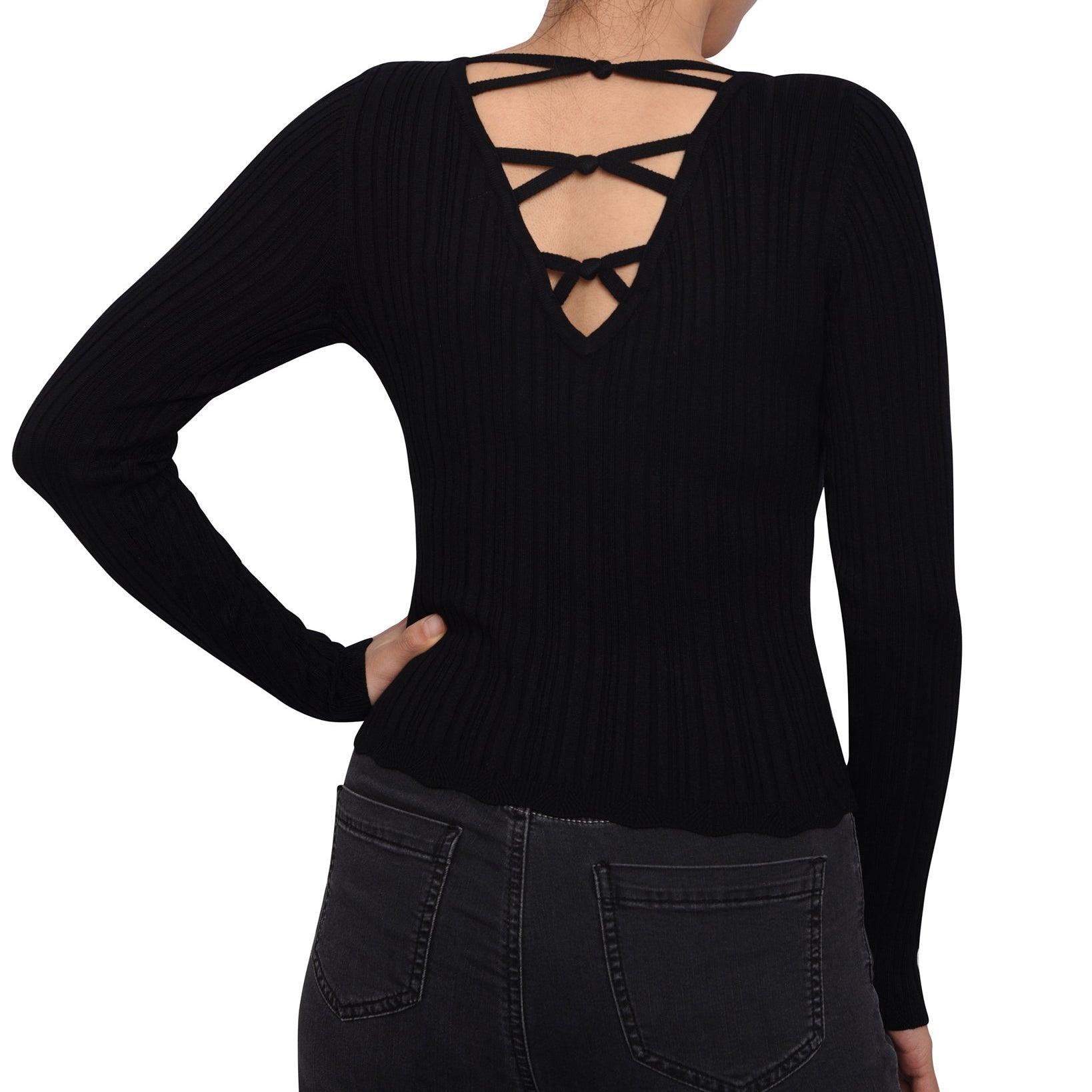 Planet Gold Women Rib Knit Strappy Back Sweater