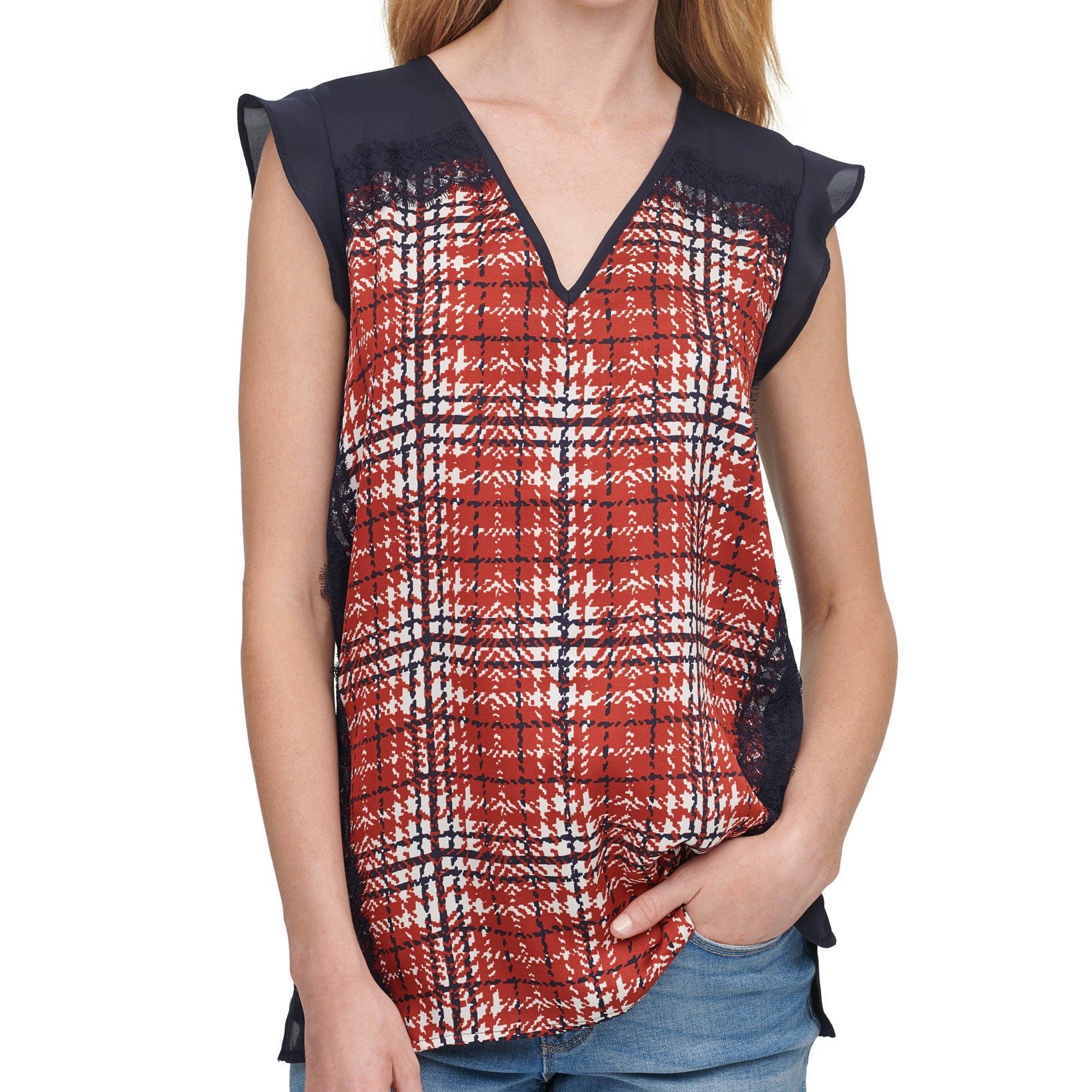 DKNY Women Printed Lace Trim Top Navy Multi