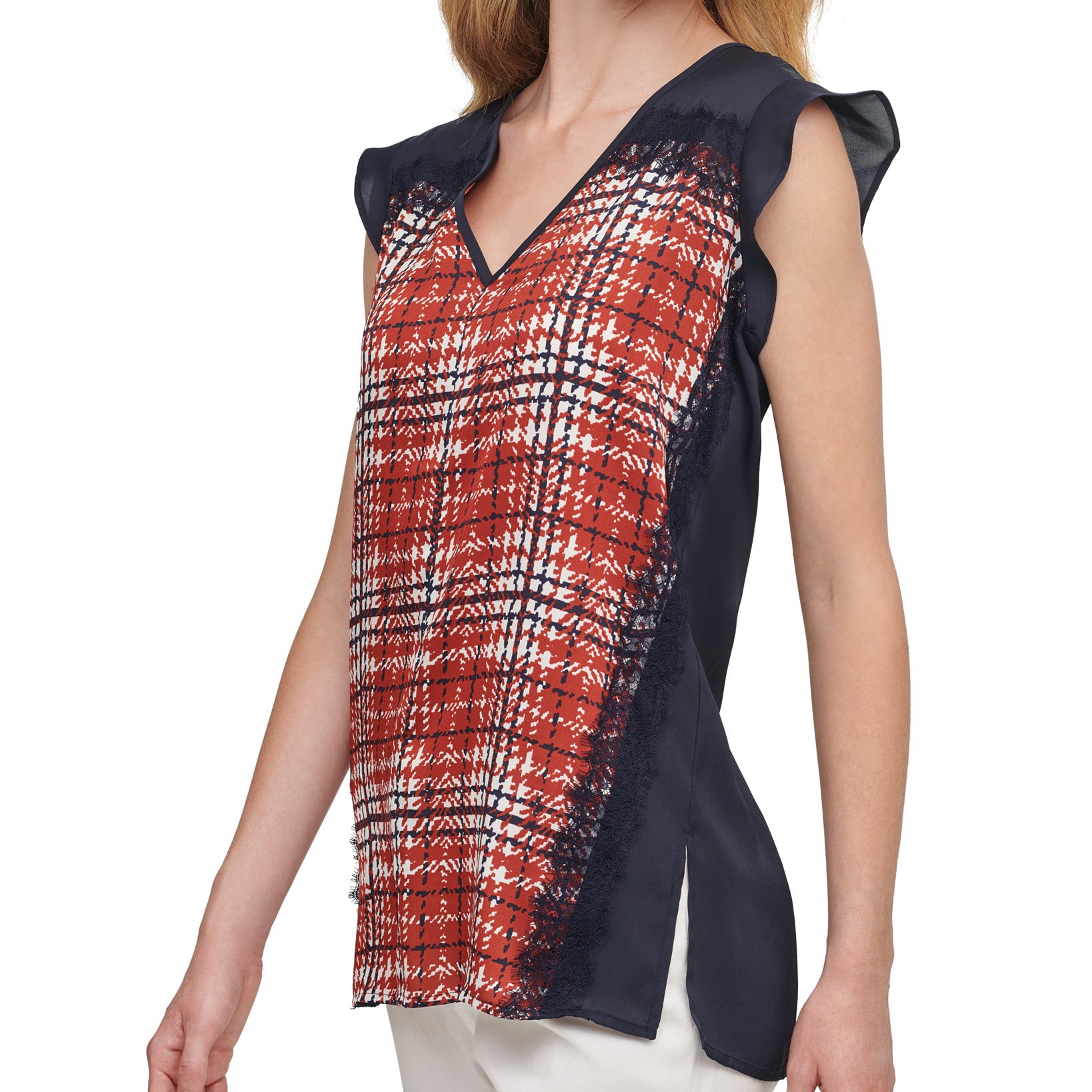 DKNY Women Printed Lace Trim Top