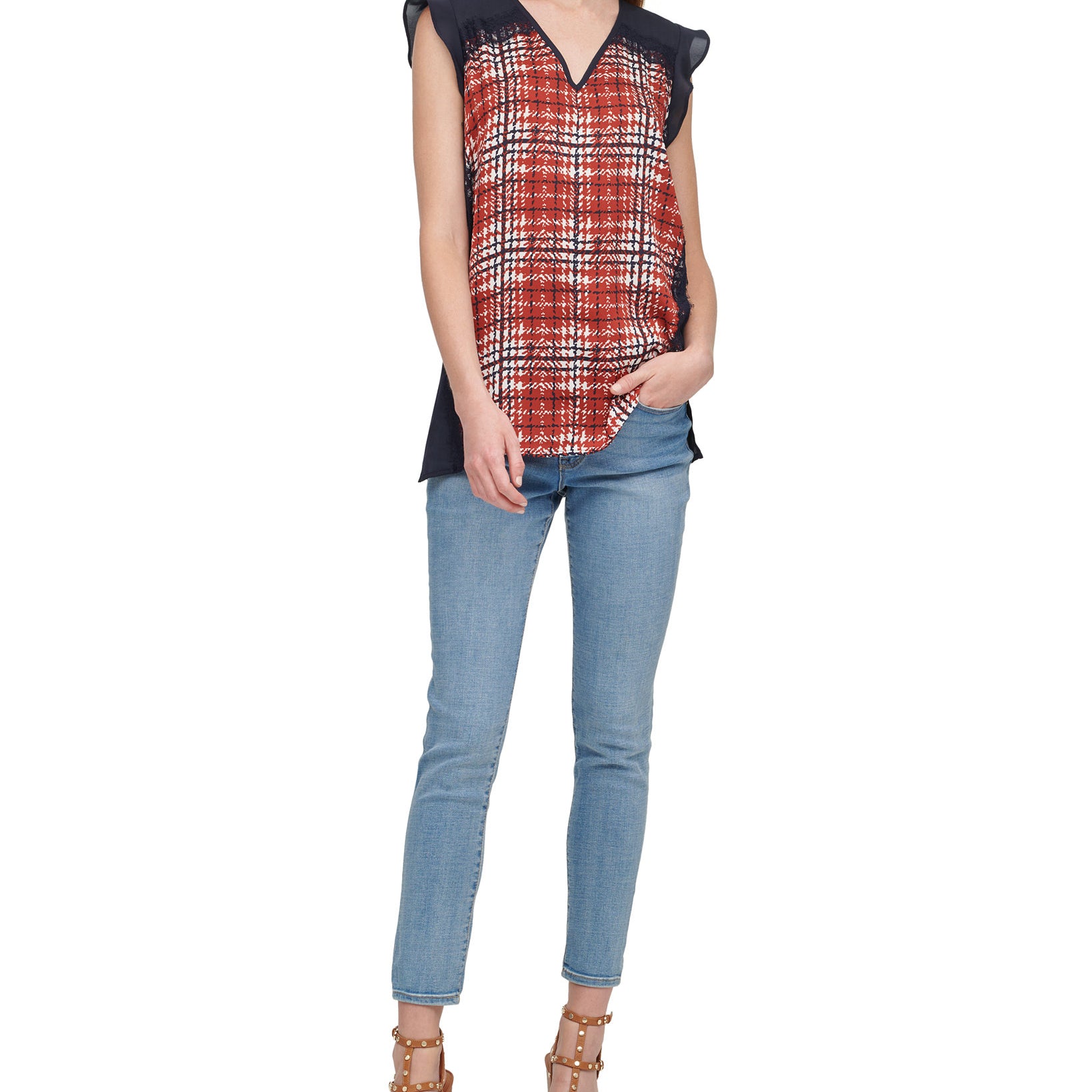 DKNY Women Printed Lace Trim Top