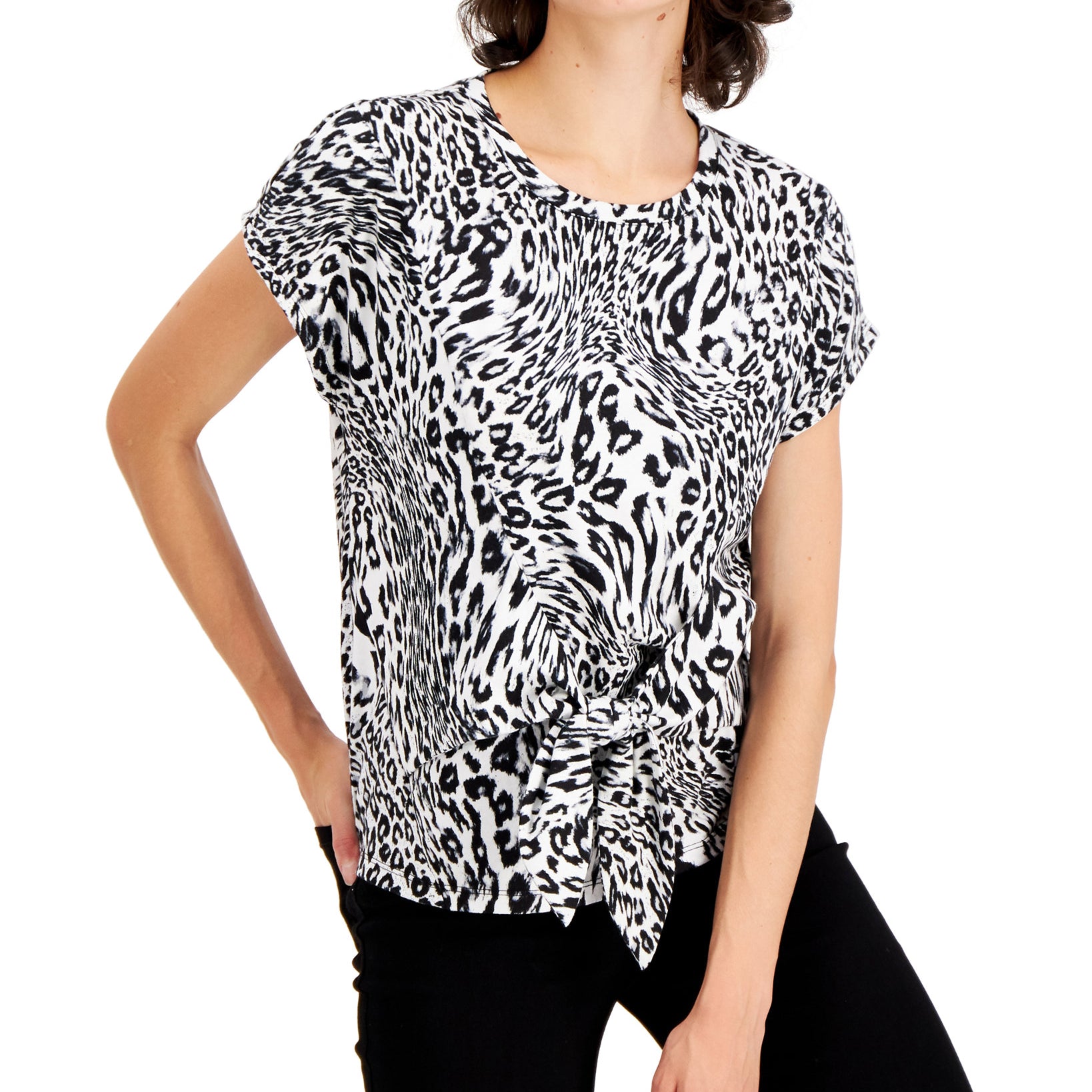 INC International Concepts Women Cotton Tie Front T Shirt Marble Cheetah