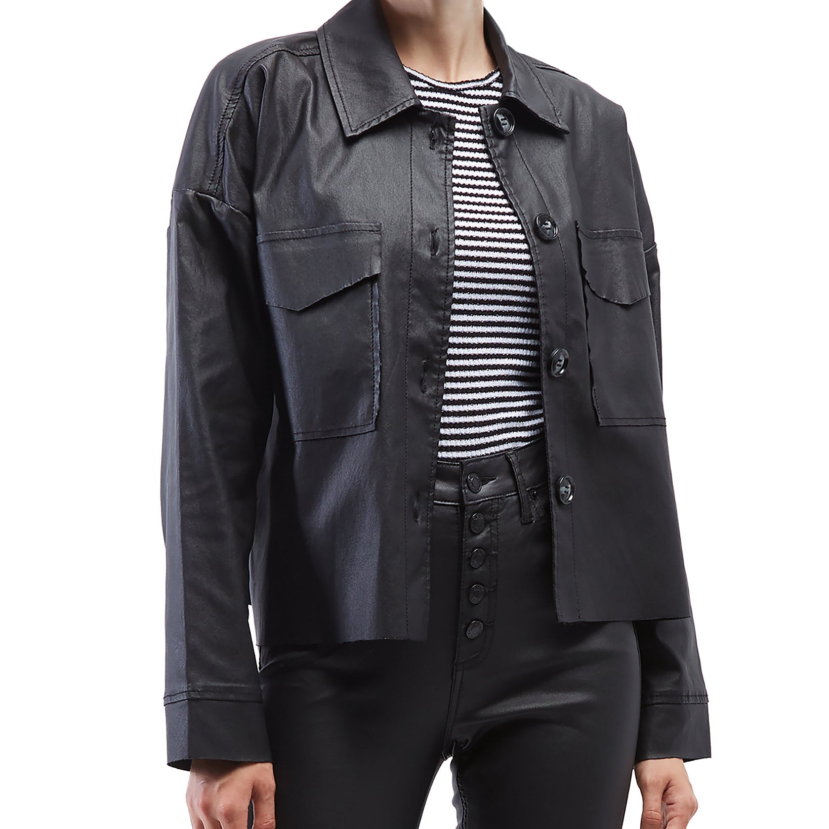 OAT Women Coated Faux Leather Shirt Jacket Coated Black
