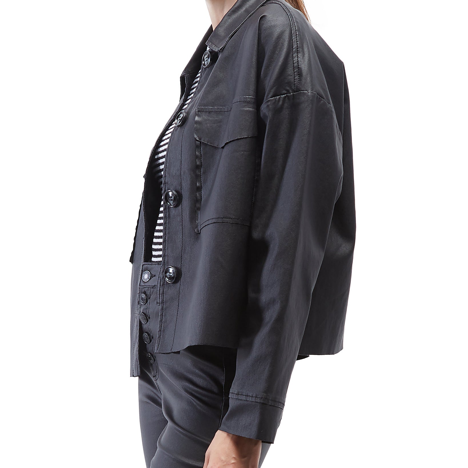OAT Women Coated Faux Leather Shirt Jacket