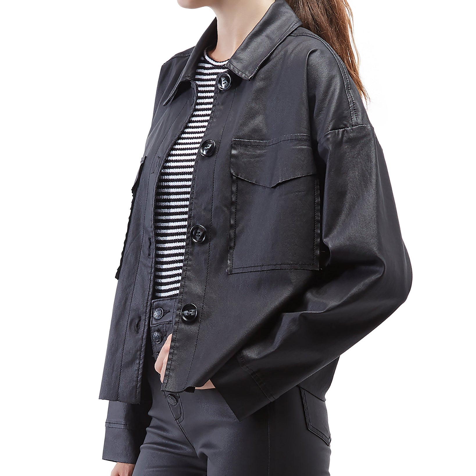 OAT Women Coated Faux Leather Shirt Jacket