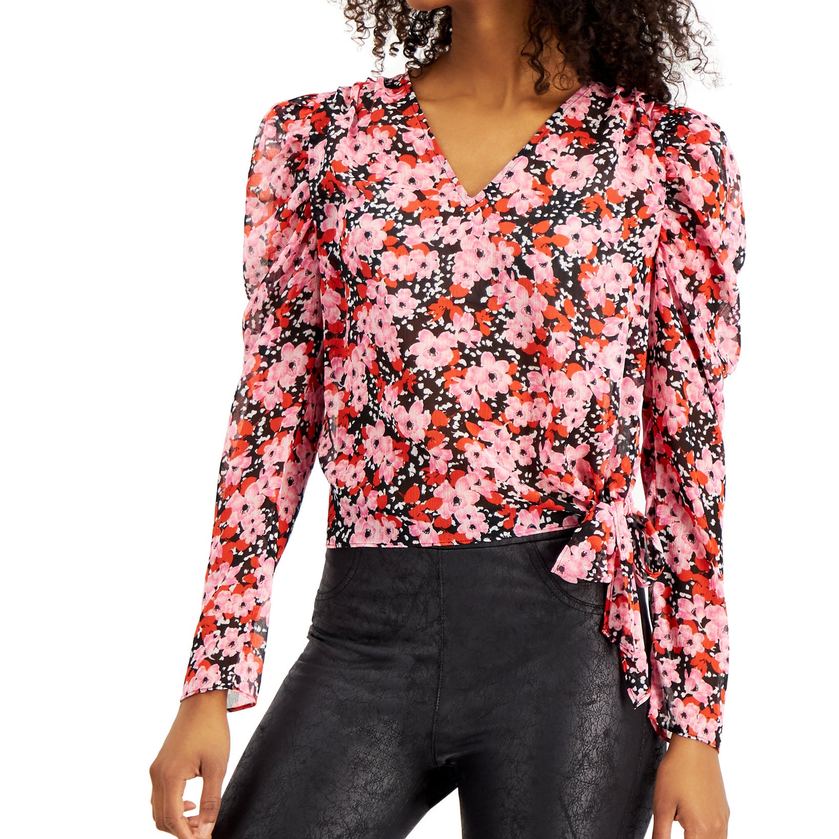 Bar III Women Floral Print Tie Hem Top Wild Floral Red