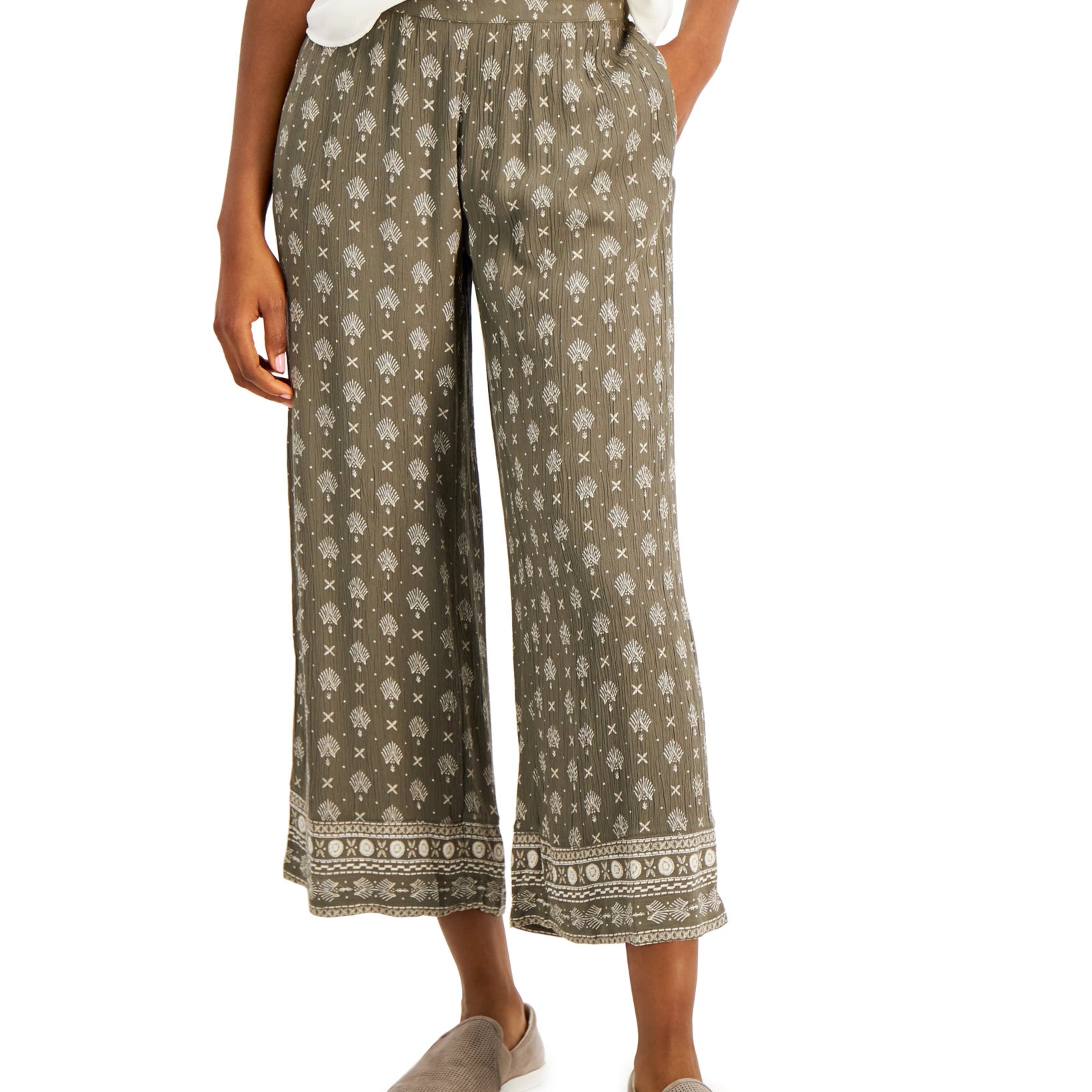 Style & Co Women Printed Border Wide Leg Pants Olive Drab Combo