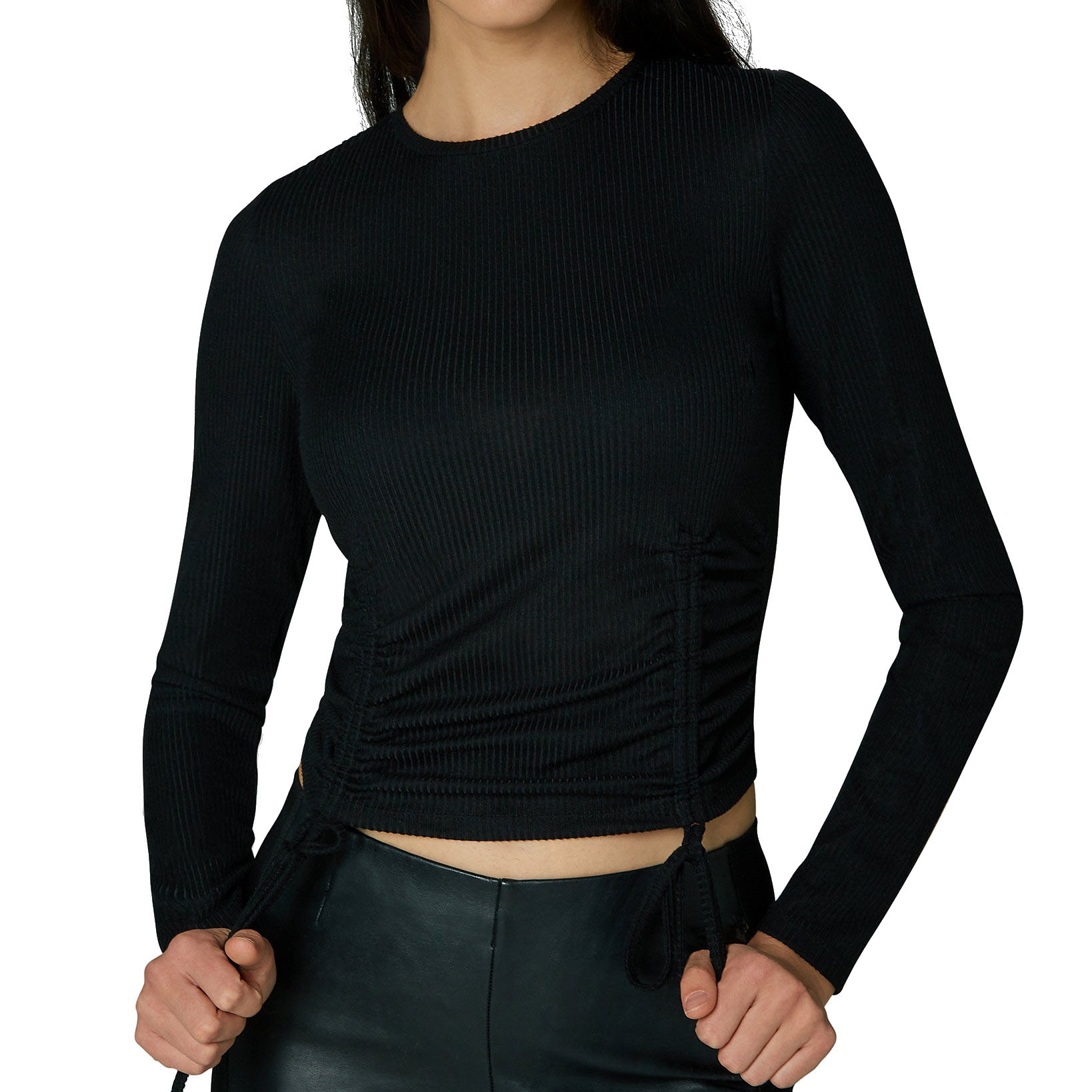 Polly & Esther Women Ruched Drawstring Hem Top Black