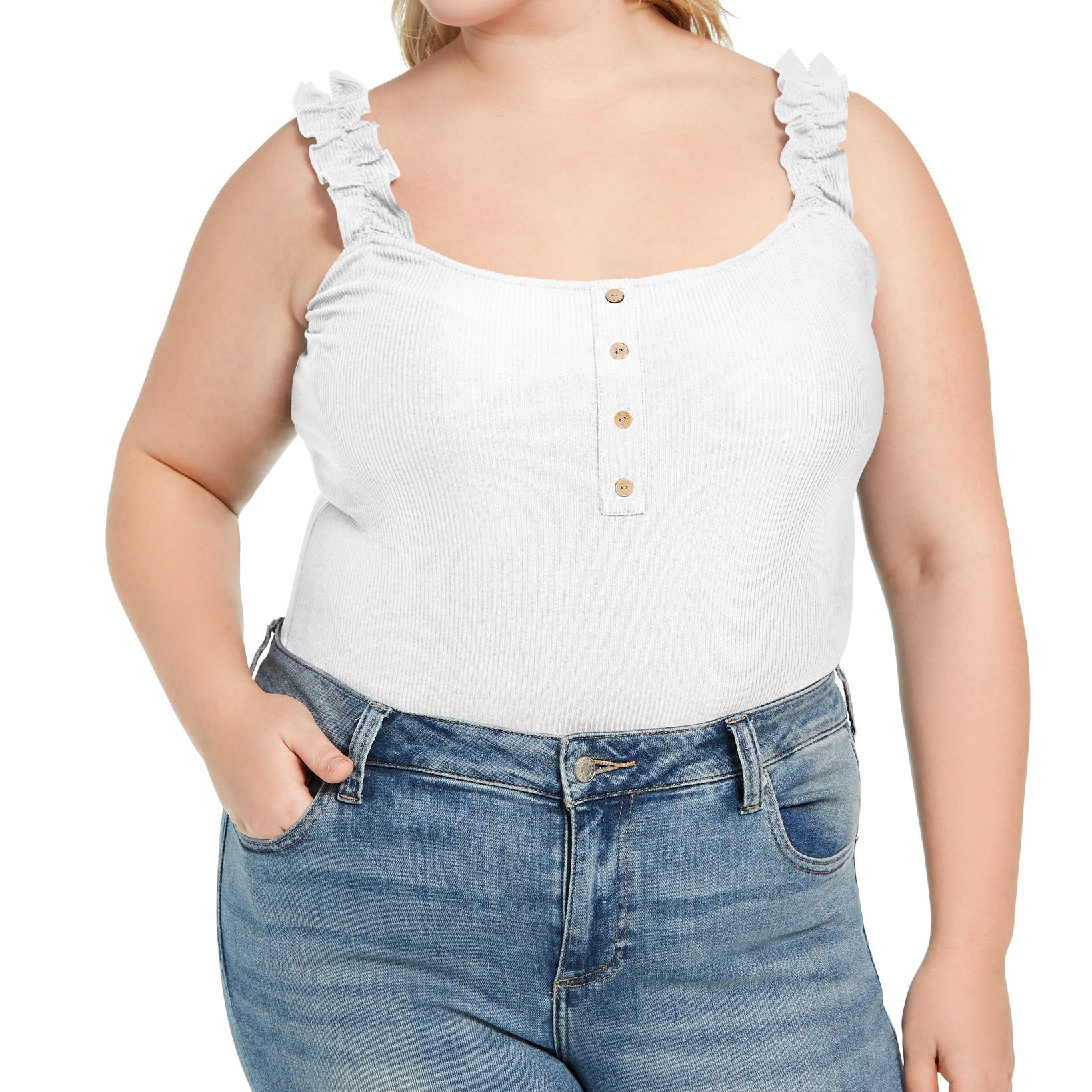 FULL CIRCLE TRENDS Women Plus Trendy Ruffled Strap Bodysuit Bright White