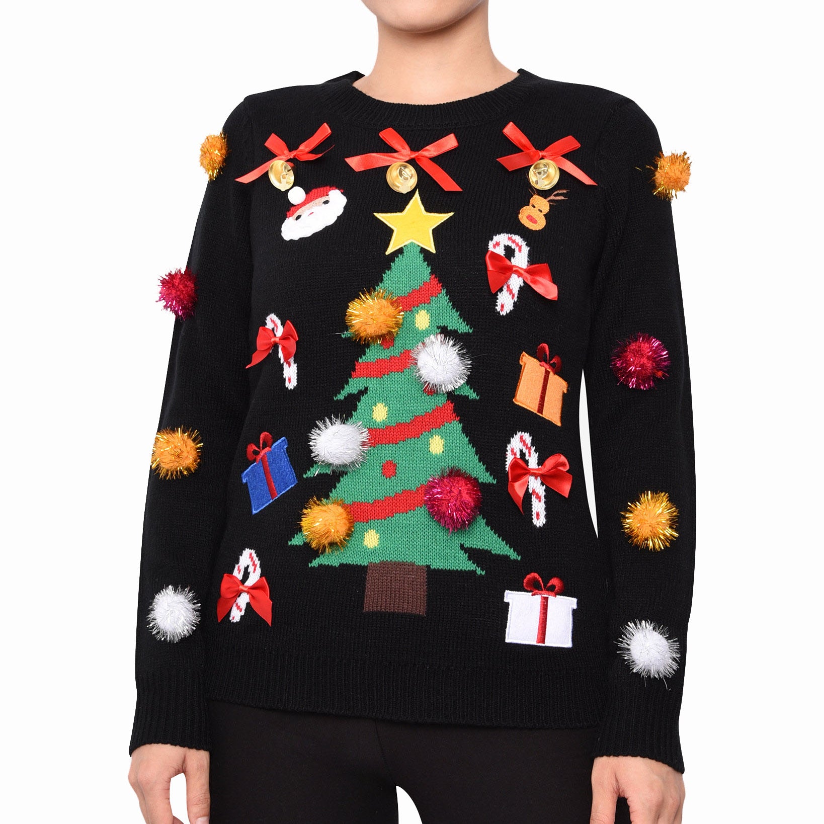 Planet Gold Women Embellished Christmas Sweater Black