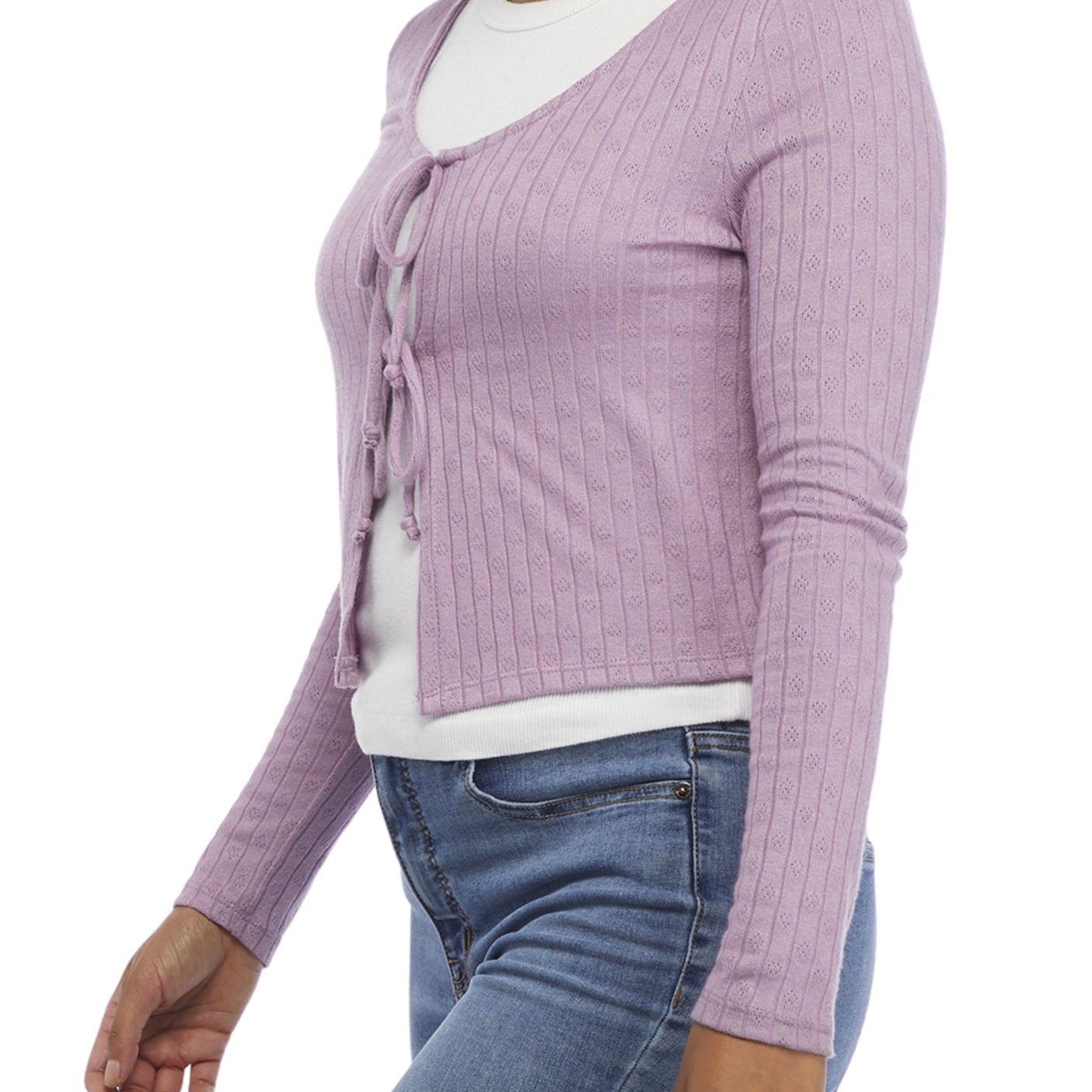 Belle Du Jour Women Long Sleeve Pointelle Tie Front Cardigan
