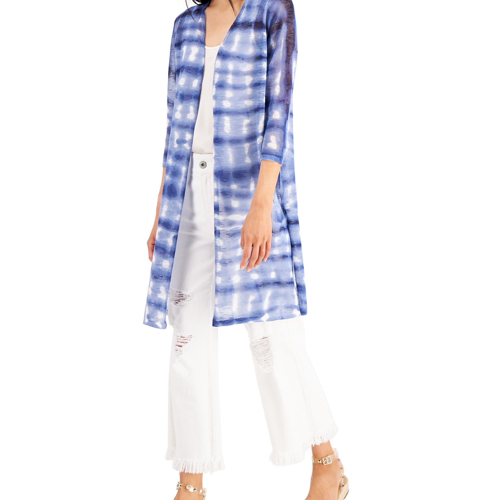 INC International Concepts Women Tie Dyed Cozy Cardigan Indigo Sea