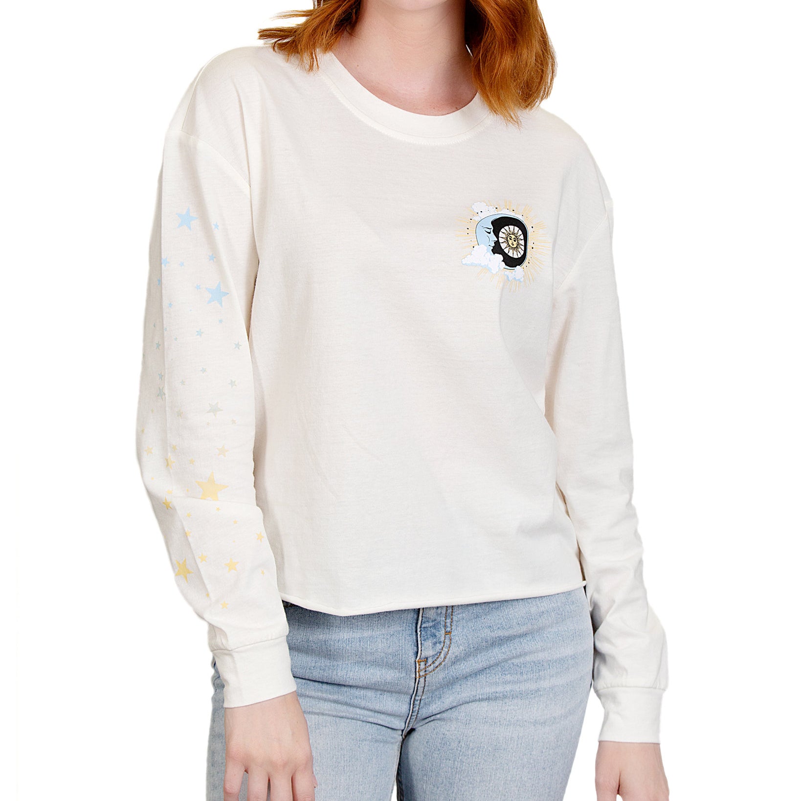 Rebellious One Women Sun Moon Stars Sleeve Detail Graphic T Shirt Cream