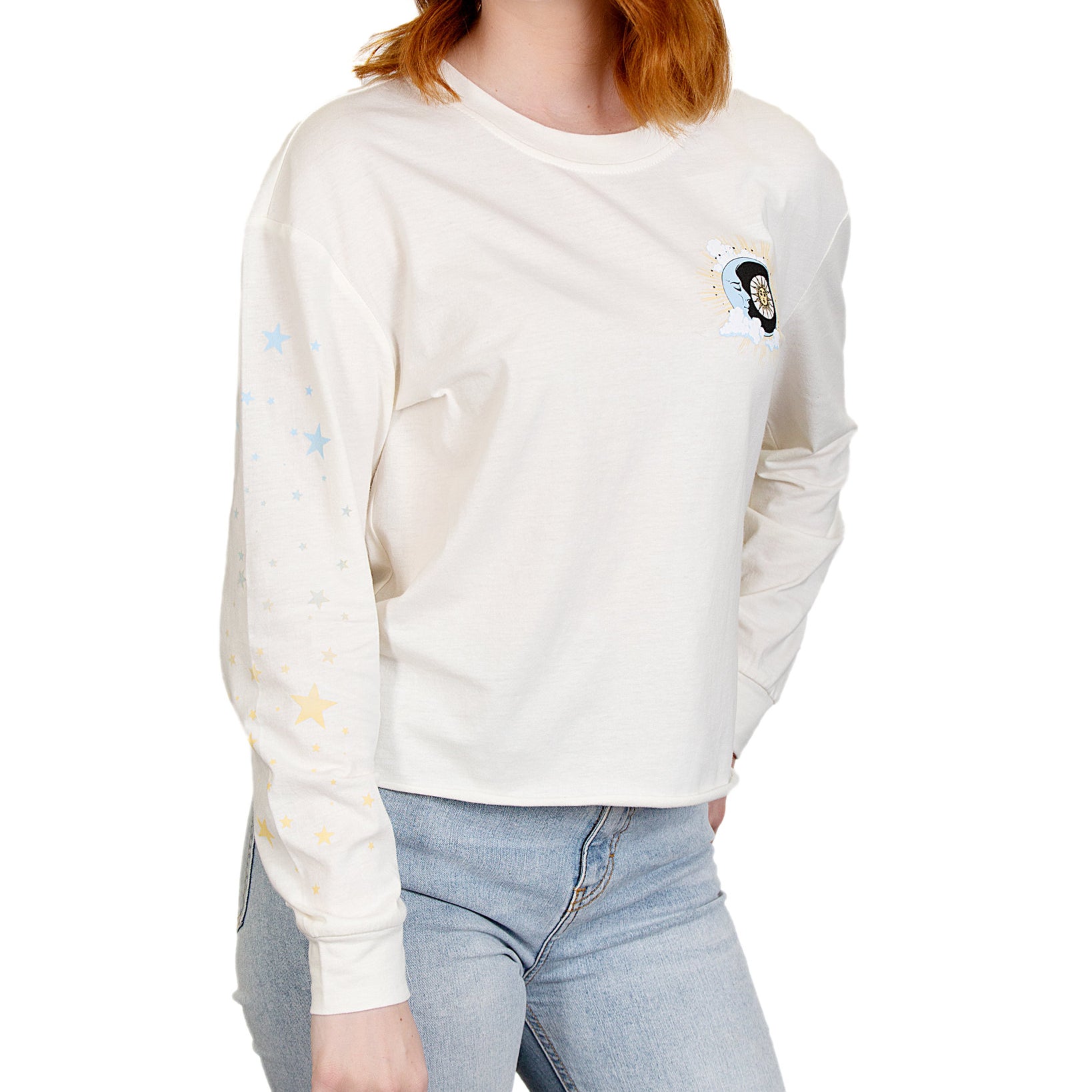 Rebellious One Women Sun Moon Stars Sleeve Detail Graphic T Shirt