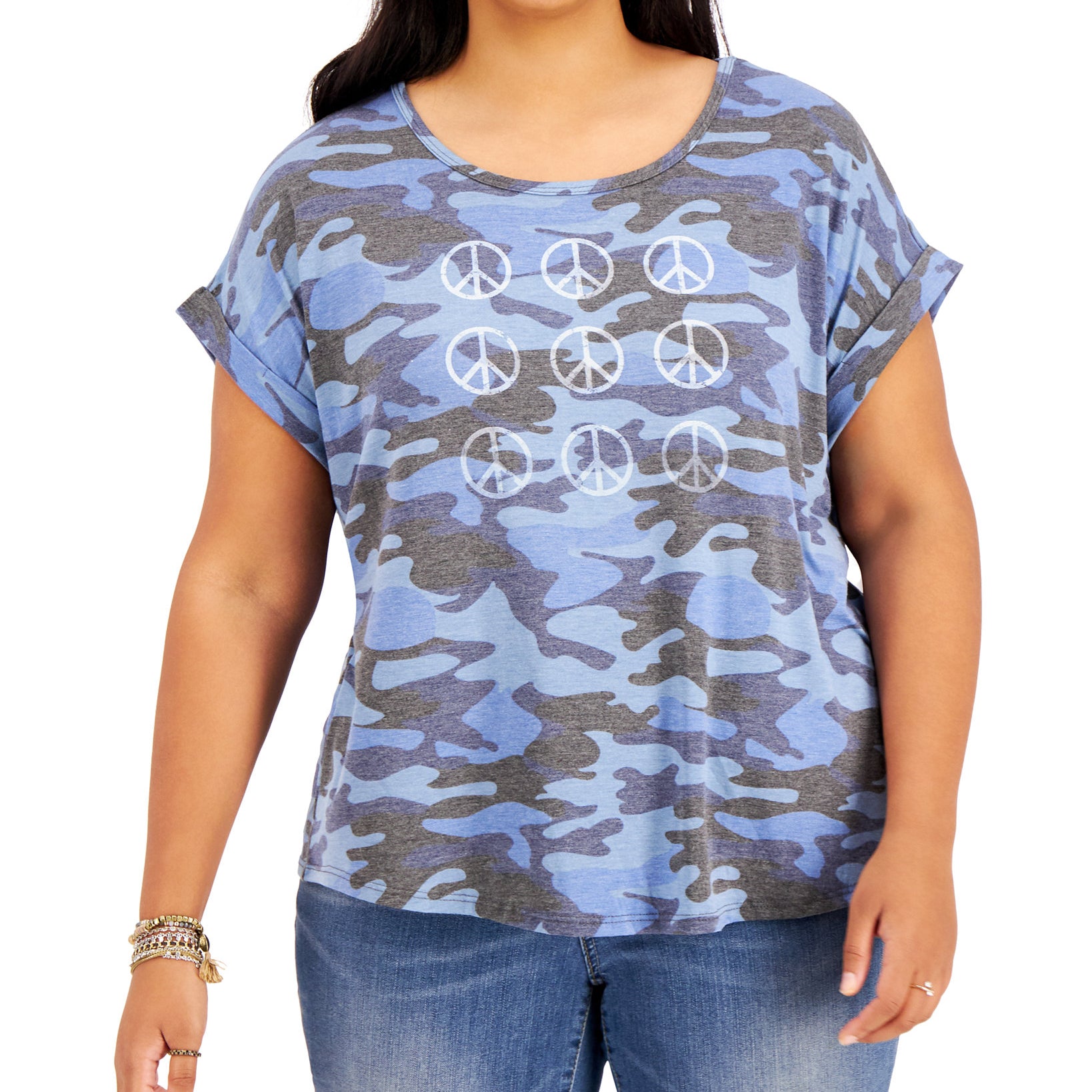 Style & Co Women Printed Peace Sign T Shirt Navy Combo