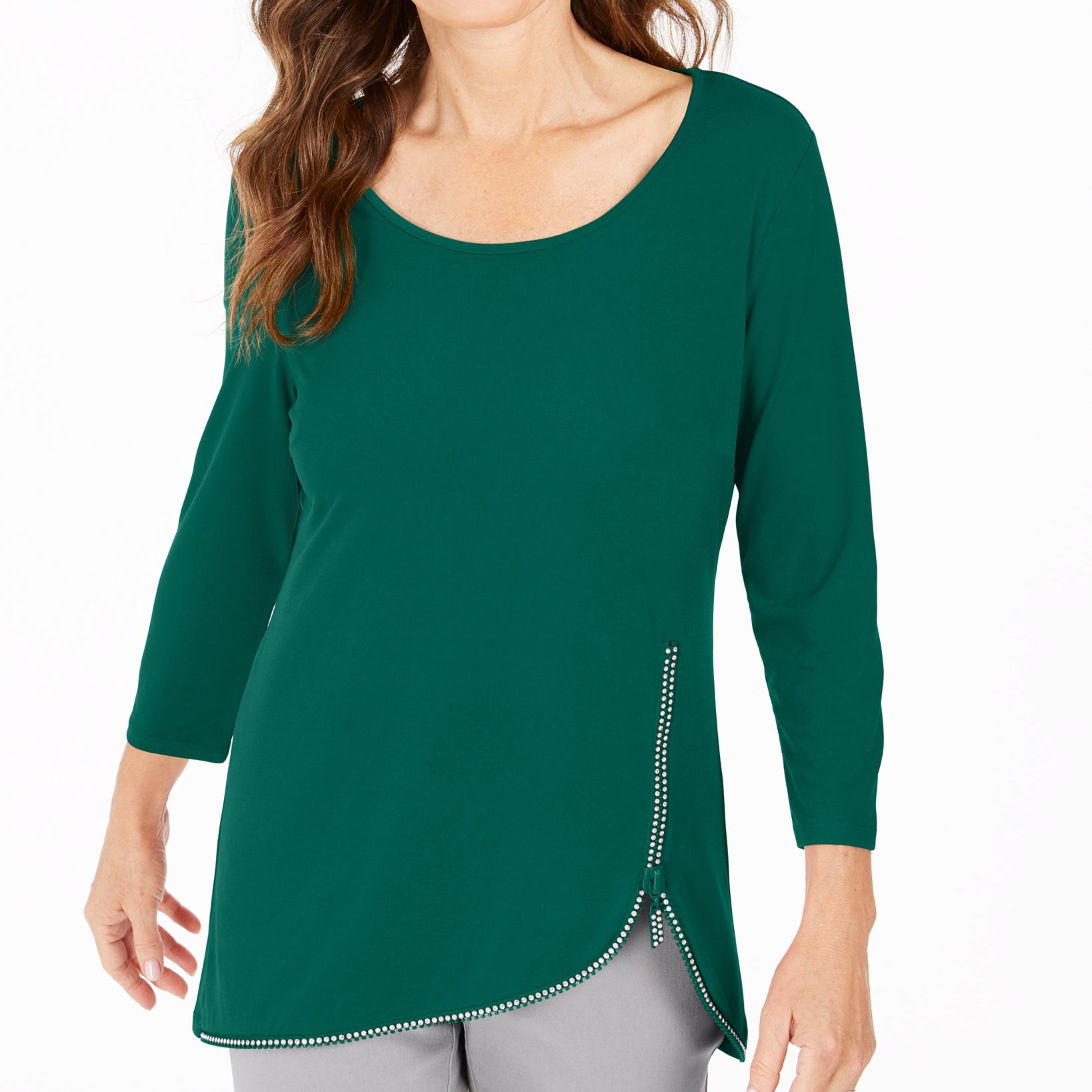 JM Collection Women Rhinestone Zipper Trim Top Highland Green
