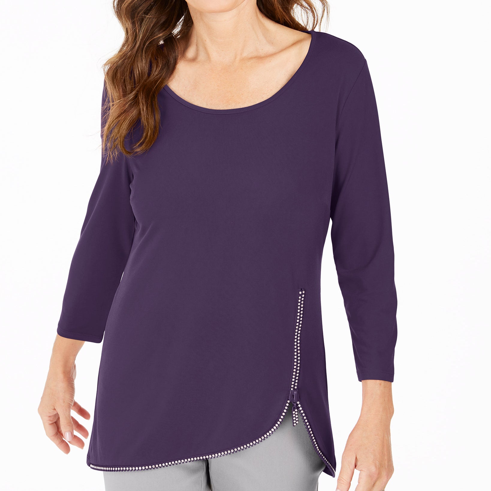 JM Collection Women Rhinestone Zipper Trim Top Purple Amethyst
