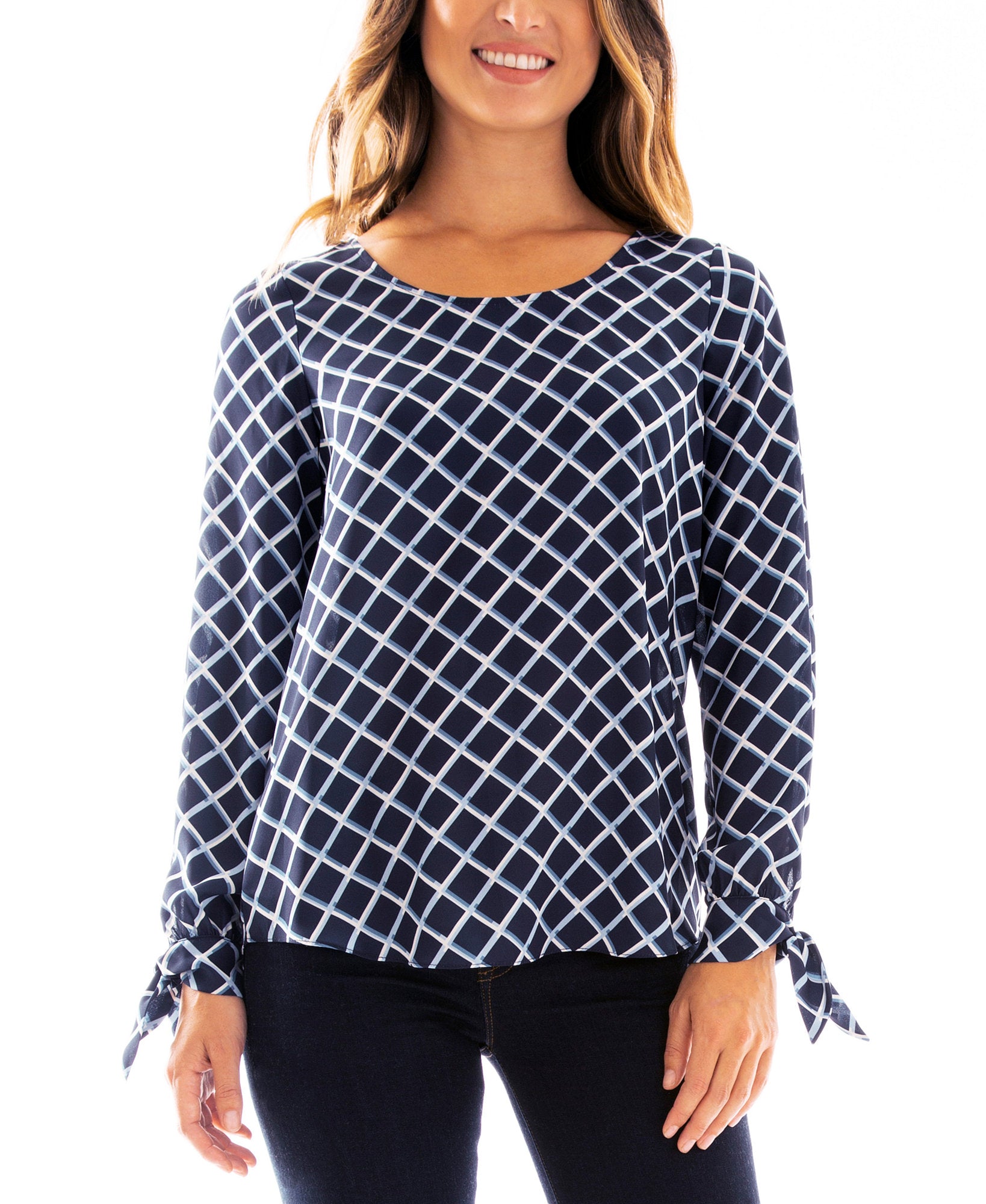 BCX Juniors Printed Tie Sleeve Top Diamond Print