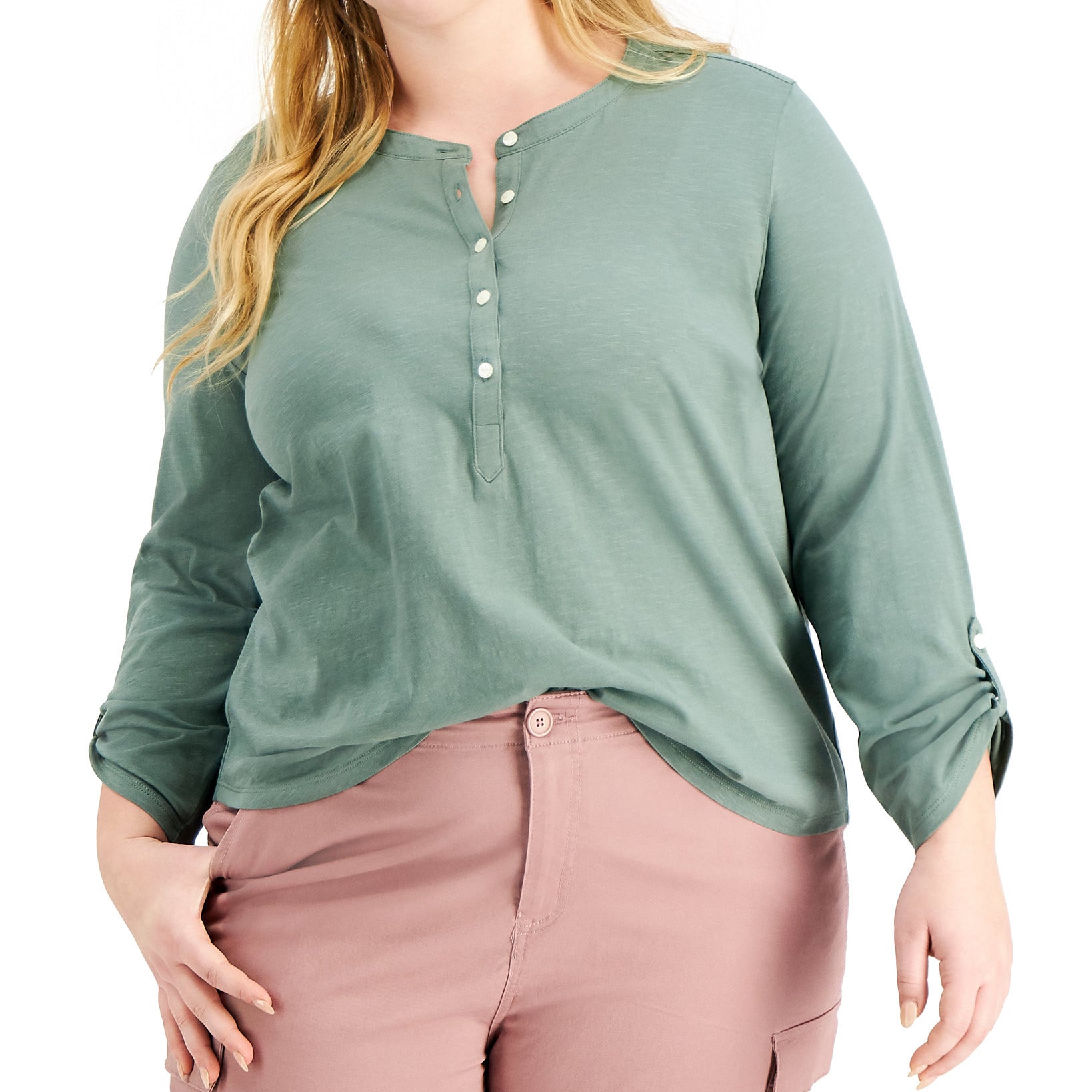 Style & Co Women Plus Cotton Roll Tab Henley Top Pale Sage
