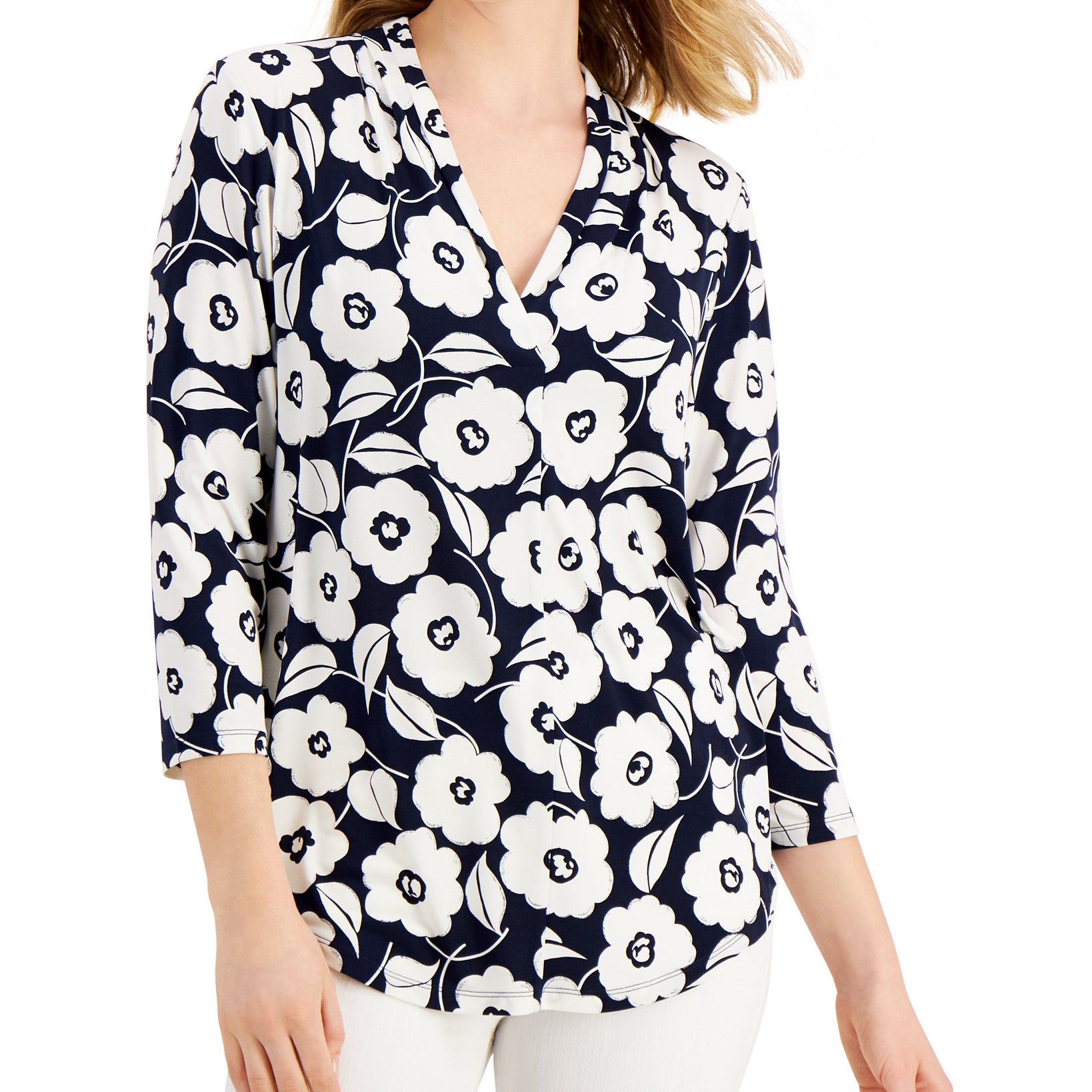 Charter Club Women Petite Floral Shirt Intrepid Blue Combo