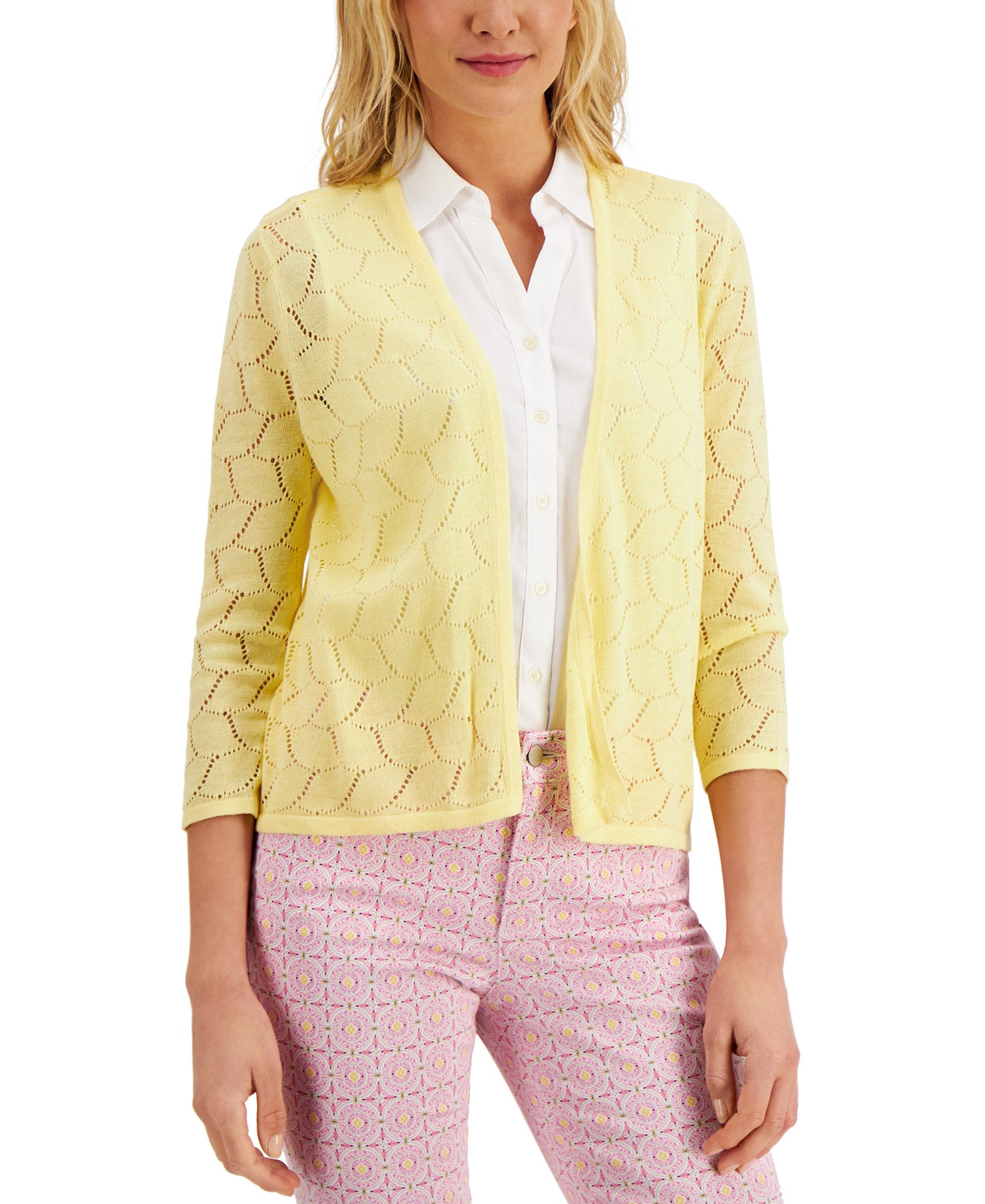 Charter Club Women Crocheted Open Front Cardigan Citron Aura