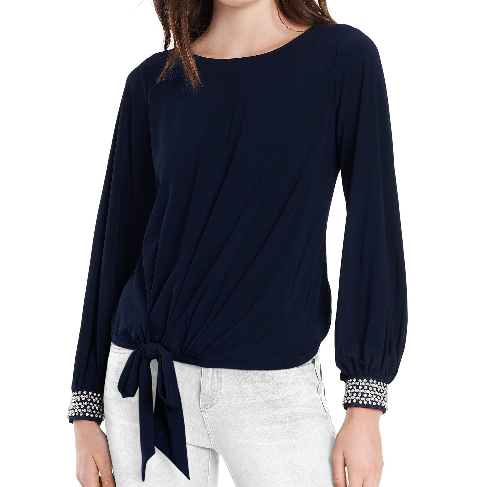 MSK Women Embellished Tie Front Blouse Navy