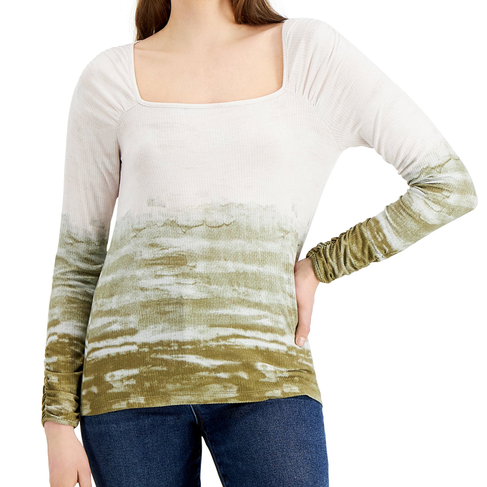 Fever Women Tie Dyed Square Neck Ribbed Knit Top Vetiver Surfs Up