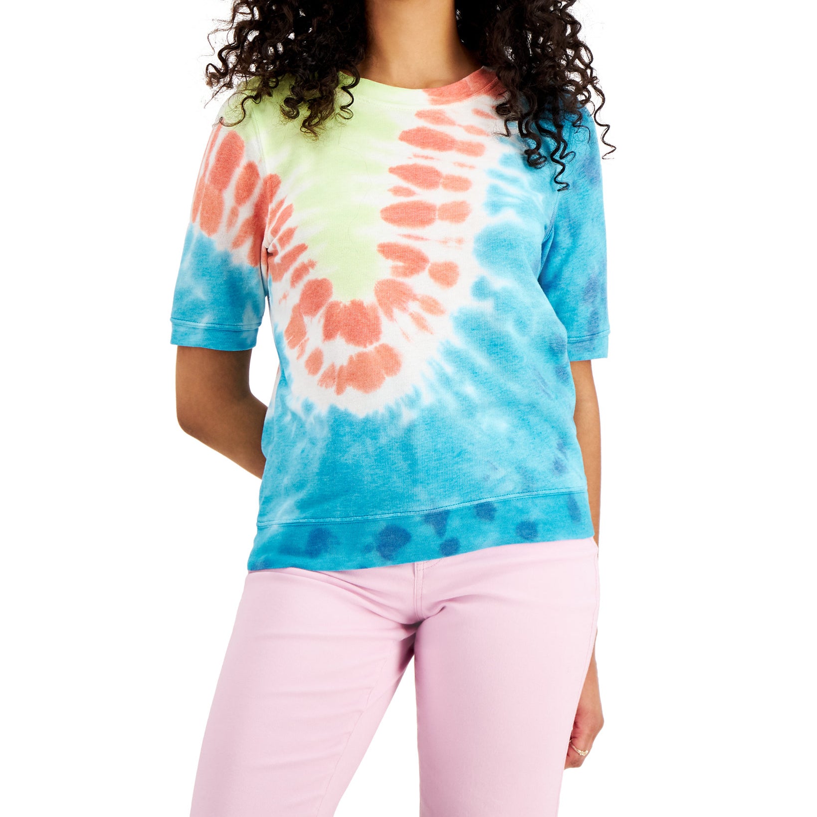 Style & Co Women Tie Dyed Lightweight Short Sleeve Sweatshirt Spring Tie Dye